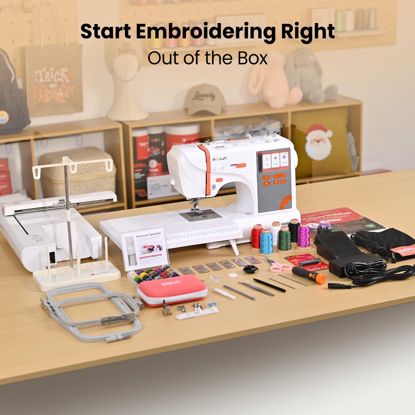 PooLin EOC03(2in1) Sewing and Embroidery Machine 4"x4" & 4"x9.25" Embroidery Size, 130 Built-in Designs 207 Sewing Stitches, 4.3" Touch Screen with WiFi Transfer, Includes Full Kits 1-on-1 Training