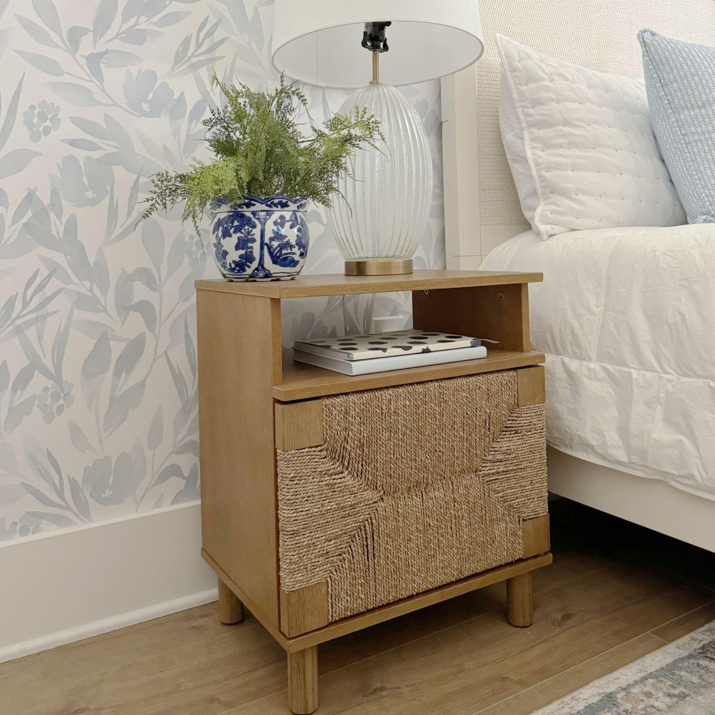 Nathan James Beacon Wood Nightstand, Bohemian Accent Table or Sofa Side Table with Seagrass Door for Bedroom or Living Room, Light Brown, Set of 2