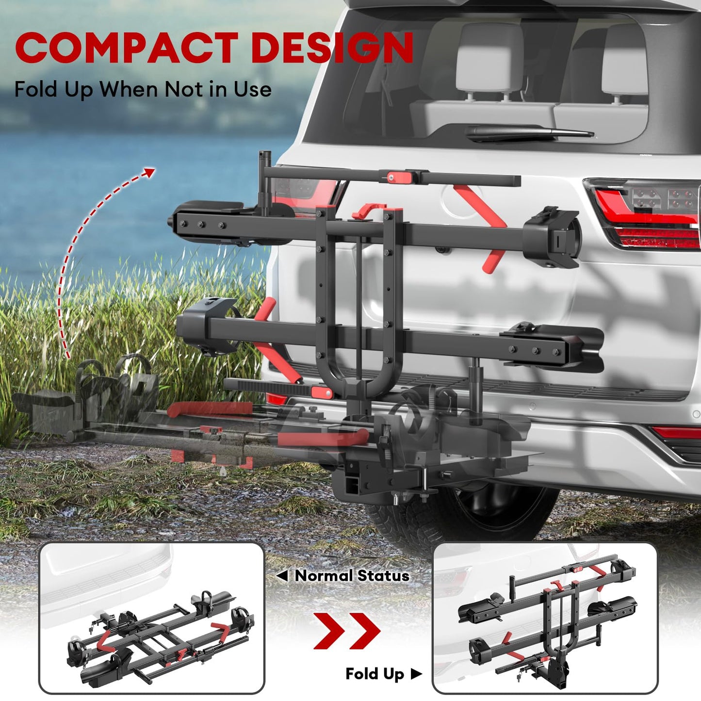 RoamEase Hitch 2 EBike Rack with Ramp, 170lbs Capacity Foldable Electric Bike Carrier for 2 Heavy Ebike, Up to 5" Fat Tire Bicycle for 2" Receiver for Car, SUV, RV, Truck, Black