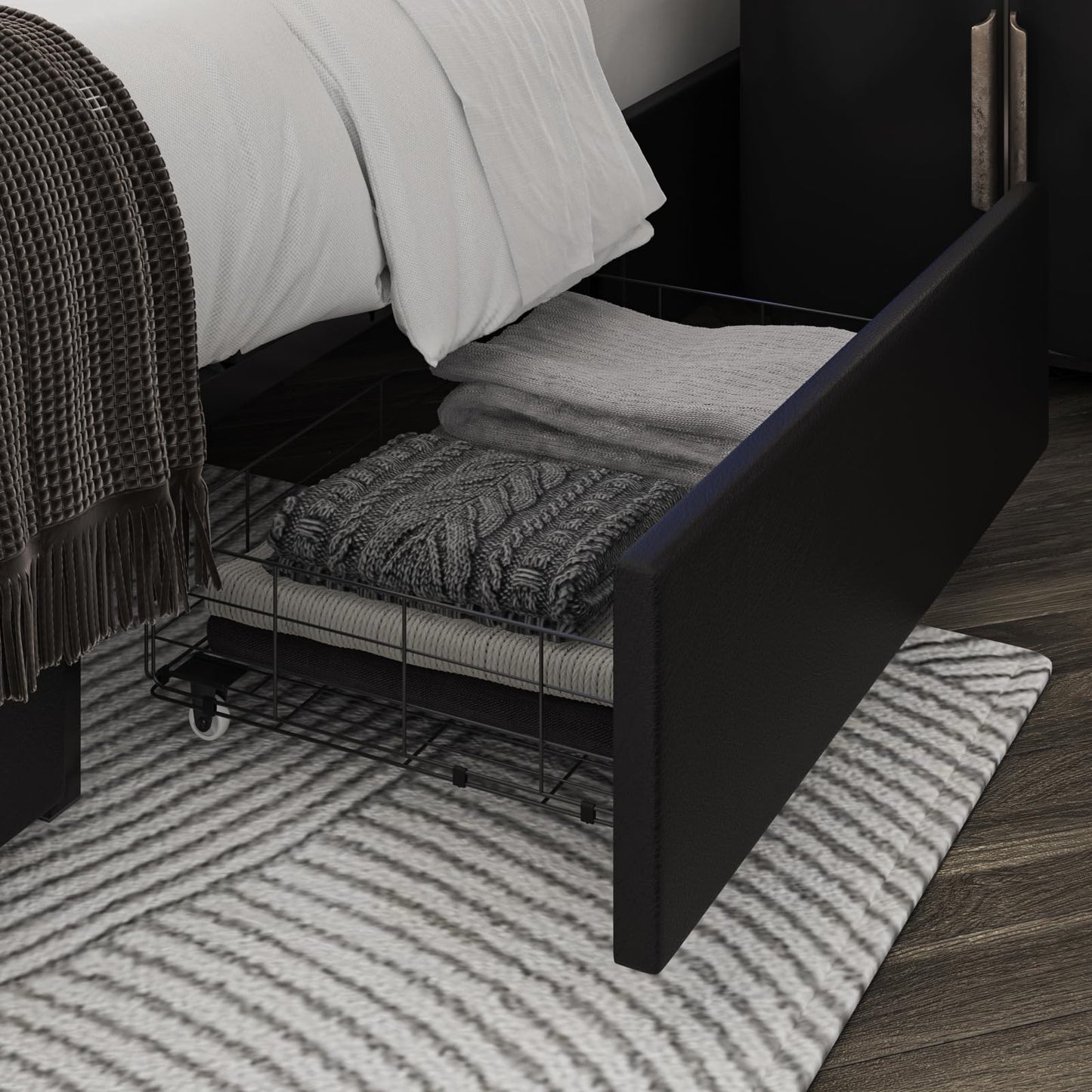 Keyluv King Size Bed Frame with RGB LED Lights & 2 Storage Drawers, Modern Upholstered Platform Bed with Iron Metal Decor, USB Charging Ports, Black