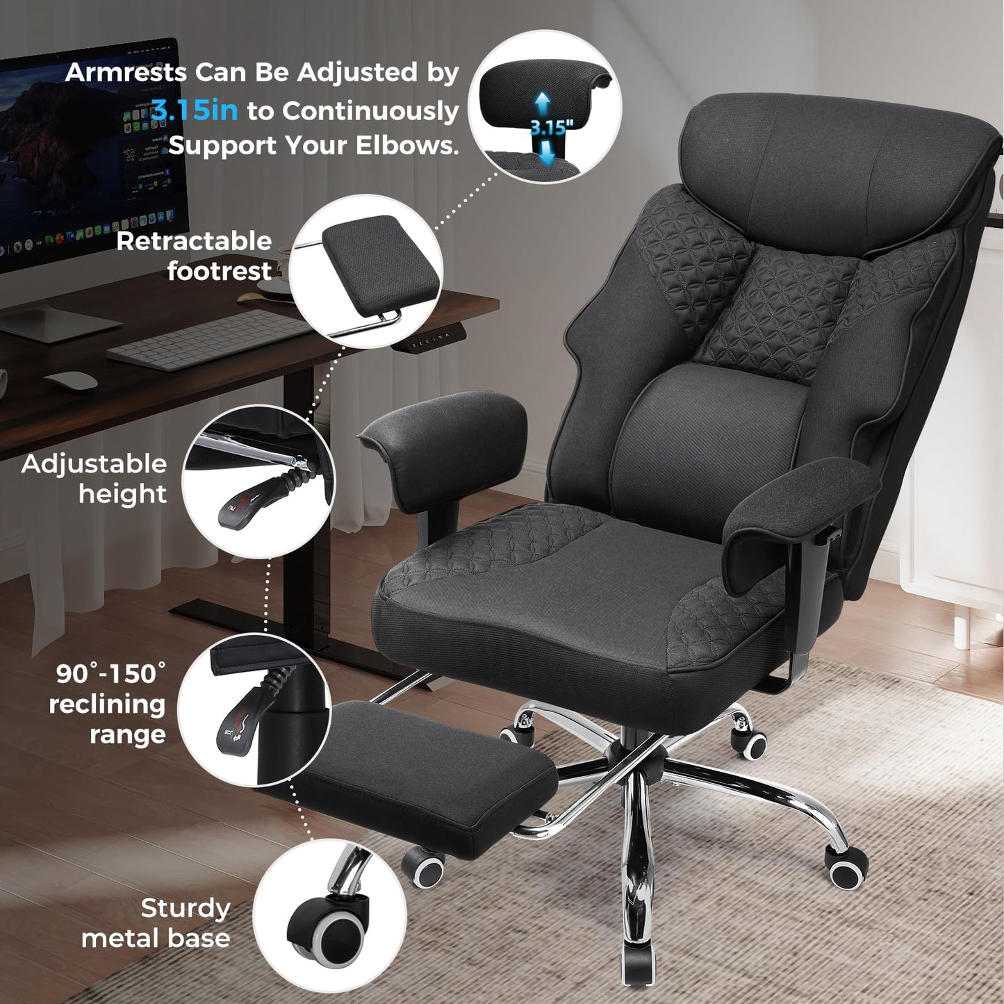 GTPLAYER Big and Tall Office Chair, High Back Computer Gaming Chair with Ergonomic Lumbar Support &Pocket Spring Cushion for Lower Back Pain Relief, Fabric Executive Chair with Foot Rest, Black