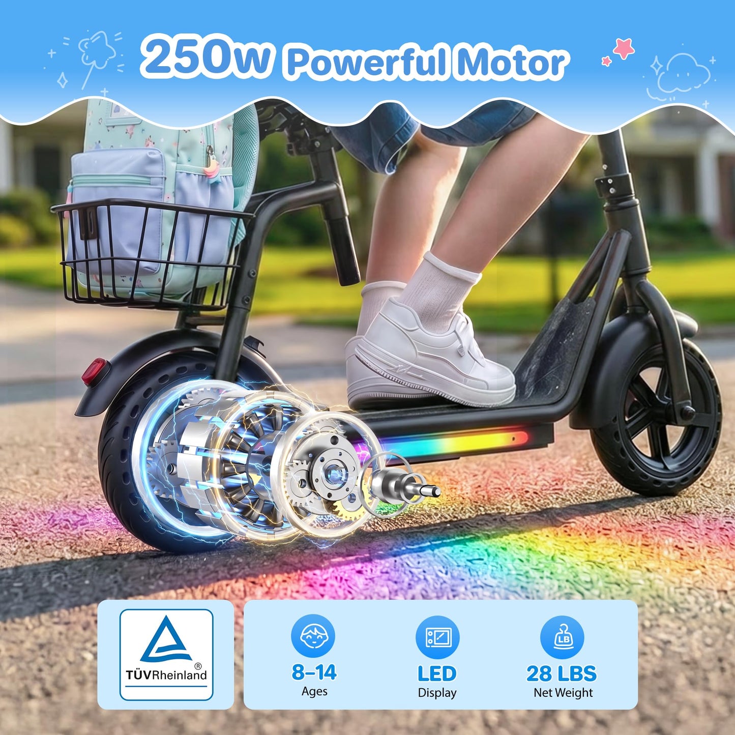 iScooter 2-in-1 Kids Electric Scooter ik7,Up to 12mph&10Miles Range，250W Motor, Headlight & Brake Taillight, Removable Seat&Basket, Smart App Parental Control,Electric Scooter for Kids Ages 10-14