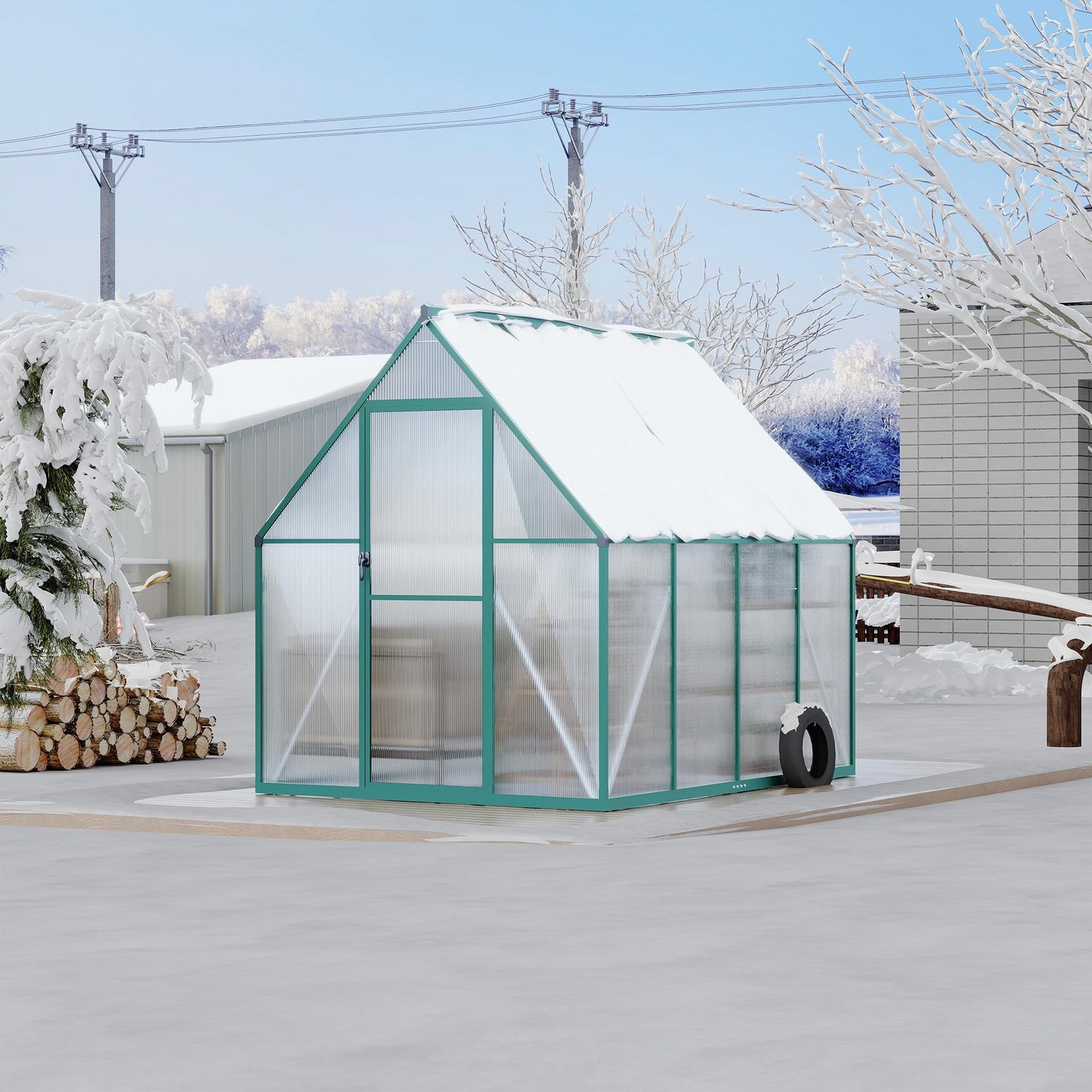 CABIHOME 6x7 FT Outdoor Greenhouse, Polycarbonate Greenhouse with Roof Vent and Ground Nails, Aluminum Large Walk-in Green House w/ Lockable Push Door for Outdoor Garden (Olive, 6x7 FT)
