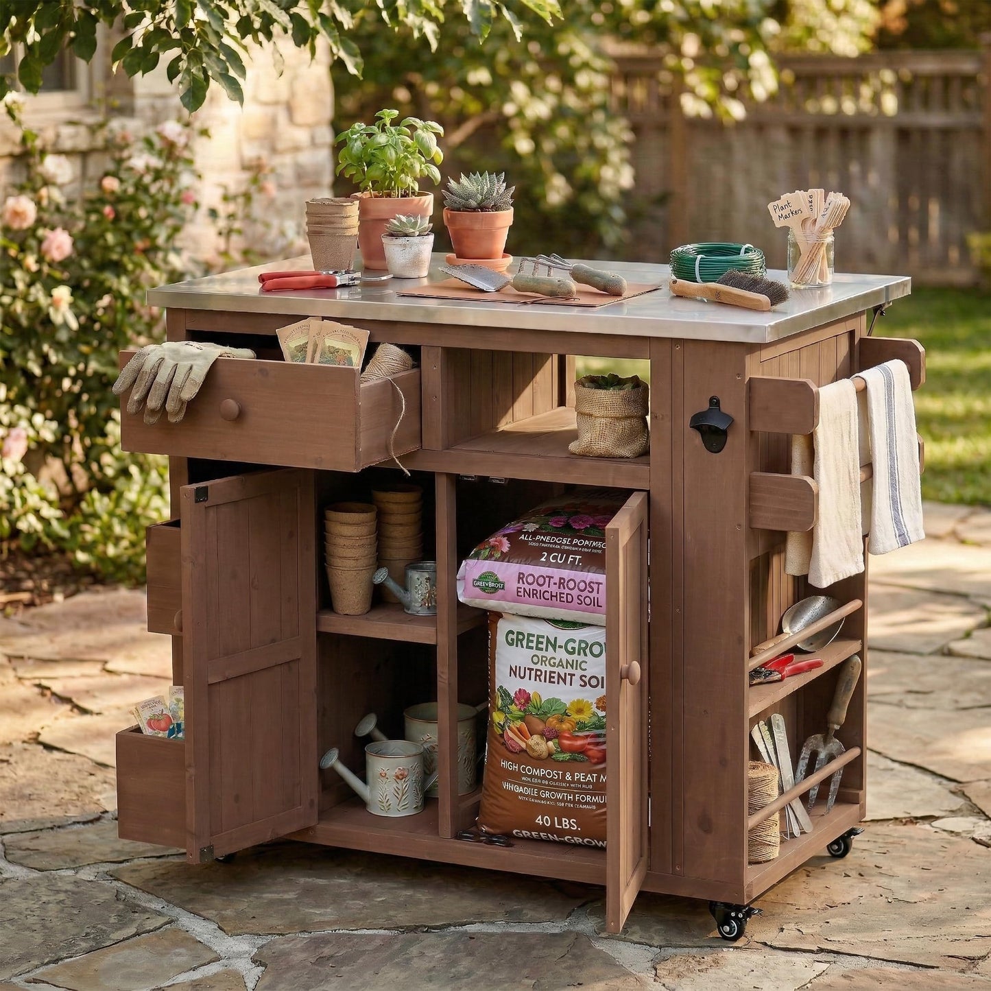 GDFStudio Winford Patio Kitchen Island Cart with Extendable Top, Wooden Outdoor Storage Cabinet with Stainless Steel BBQ Prep Table Top, Drawers, Spice Rack and Lockable Wheels, Potting Bench, Brown