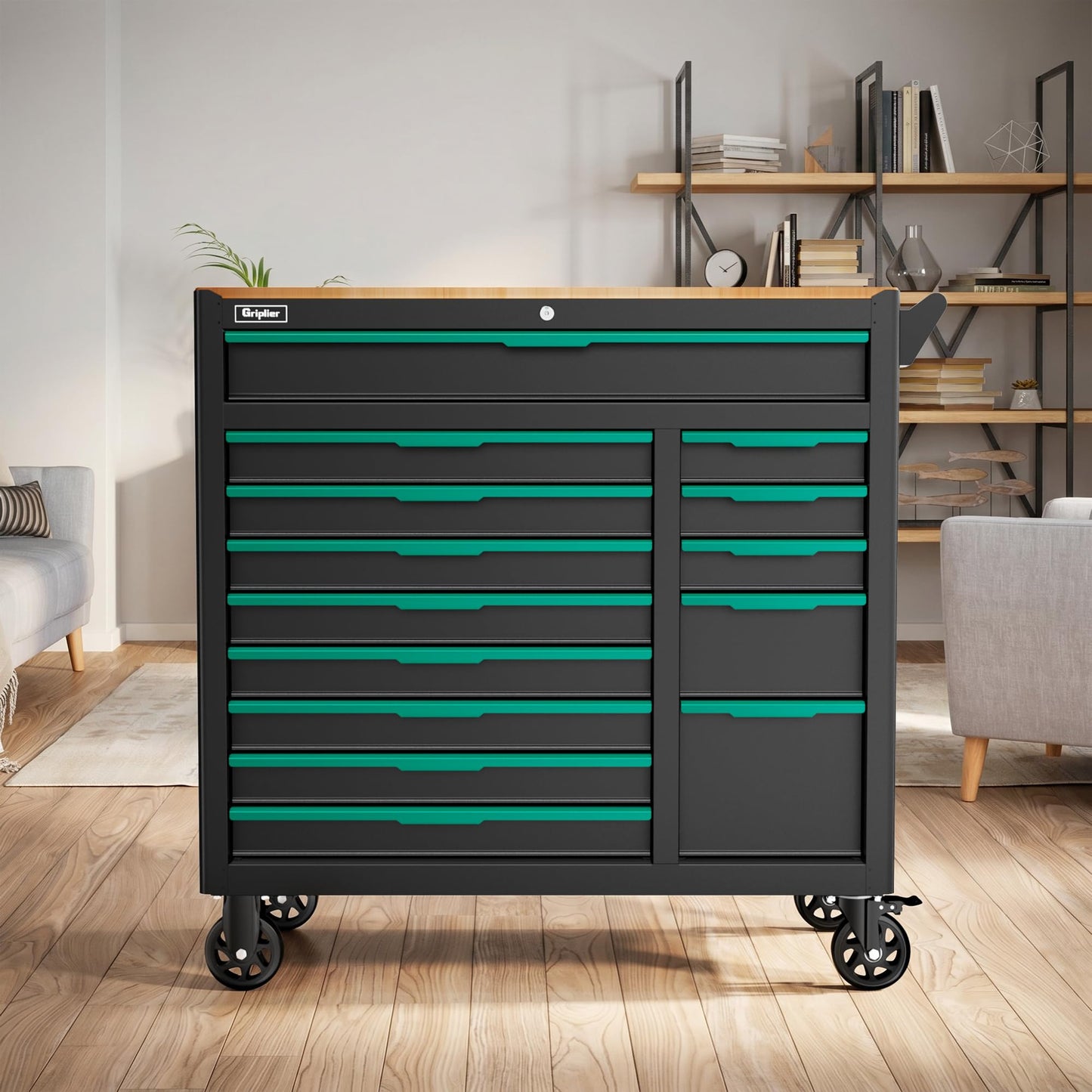 Griplier 14-Drawers Rolling Tool Chest with Wood Workbench,Brake Casters,Lock & Key,Heavy-Duty Steel Tool Cabinet Storage, for Home,Garbge or Workshop Use (14 Drawers)