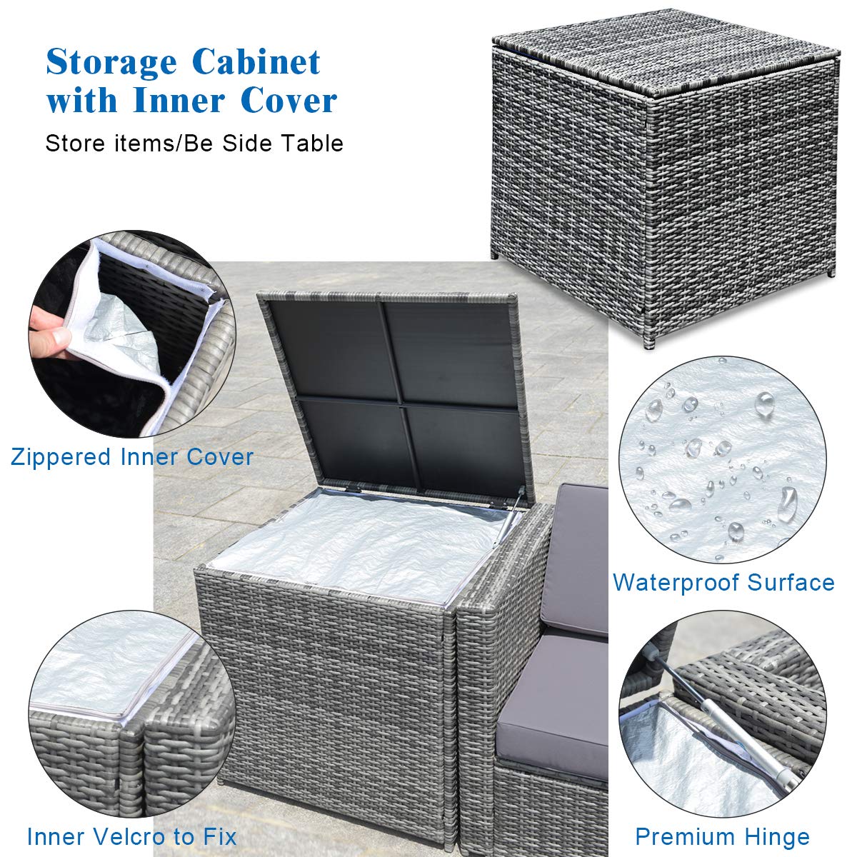 Tangkula 8 PCS Outdoor Patio Furniture Set, Rattan Wicker Sofa Set, Sectional Sofa Couch Conversation Set w/Storage Table and 12 Zippered Cushions for Garden Backyard Poolside (Grey)