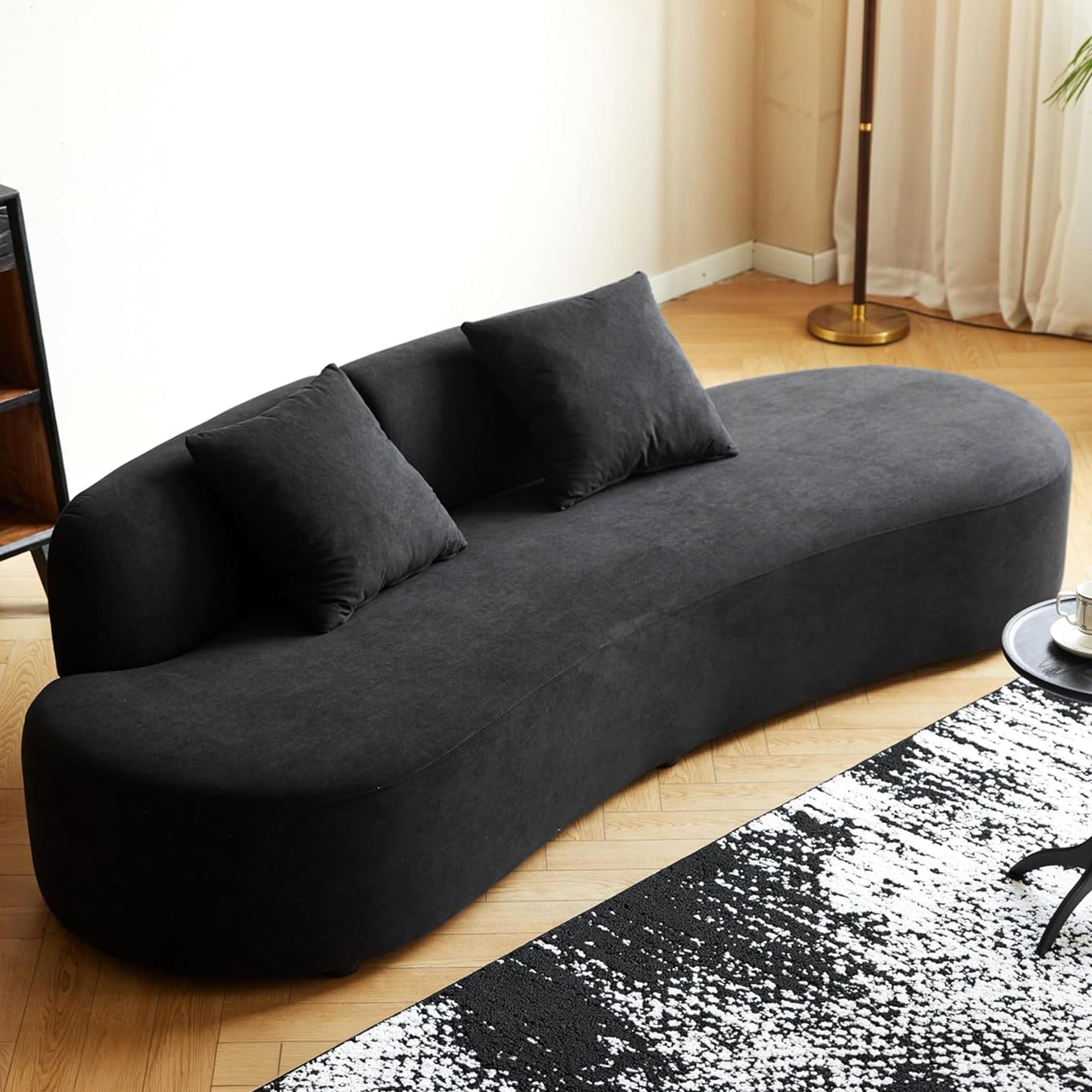 Container Furniture Direct 90" Curved Sofa with Throw Pillows, 4 Seater Luxury Velvet Couch with Half Moon Design and High-Density Foam, Ideal for Modern Living Room, Office & Apartment, Black
