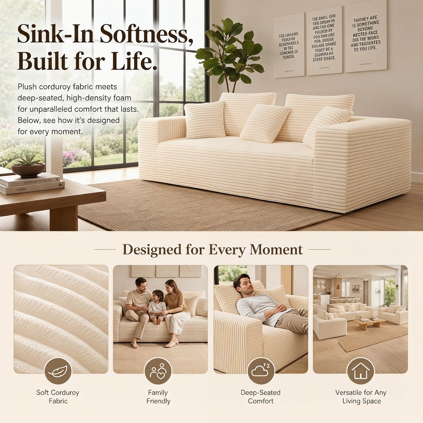 Trygoal 3-Pieces Sectional Boneless Couch Set for Living Room, Oversized Couch Including 3-Seater & 2-Seater & Single Chair, Deep Seat Sofa Set with Armrests & Pillows,No Assembly Required, Beige