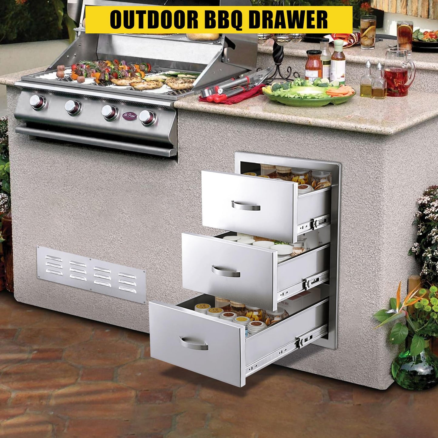 GarveeLife Outdoor Kitchen Drawers 18 in Wx 23 in H x 23 in D, Flush Mount BBQ 3-Layer Drawer Stainless Steel Kitchen Drawer Outdoor Kitchen Access Drawer for Outdoor Kitchen Island