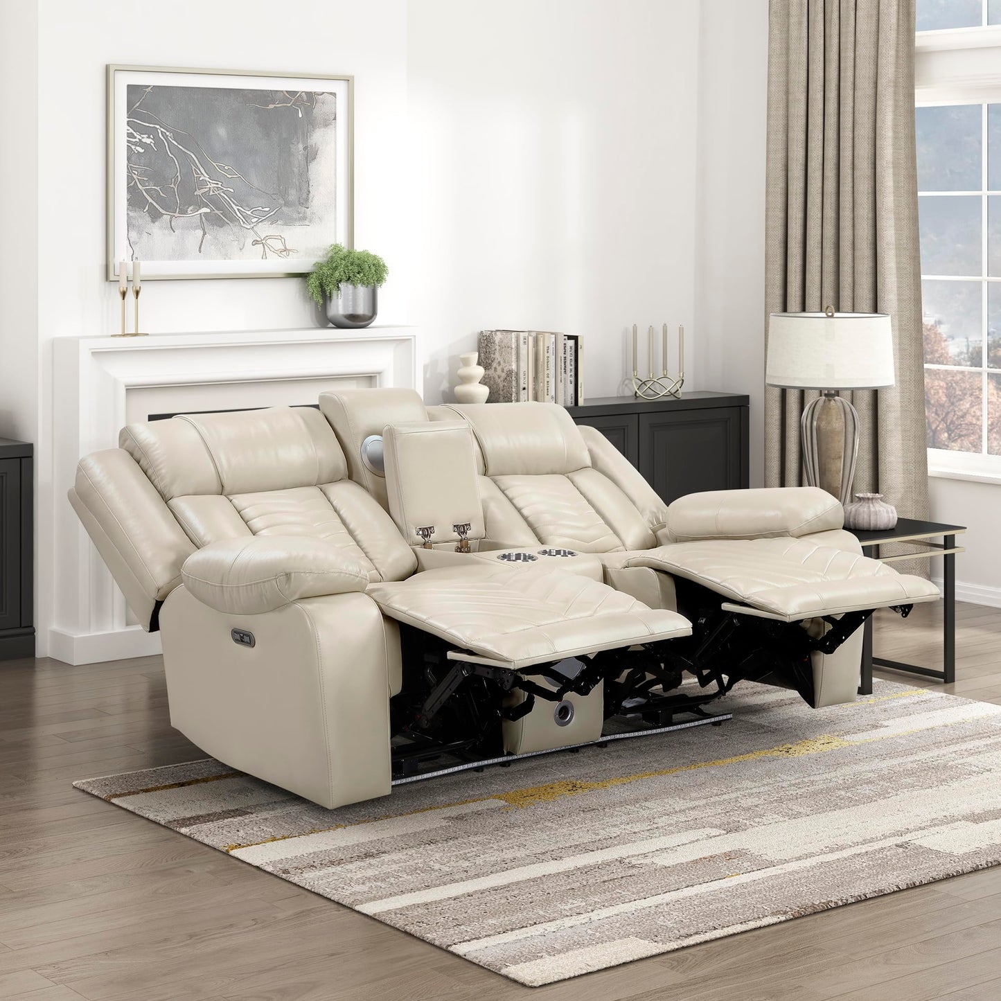 Lexicon Wall Hugger Power Double Reclining Loveseat with Console, Faux Leather Home Theater Seating with LED Lighting, Charging Ports, Bluetooth Speaker Wireless, Cup Holders, Hidden Storage, Beige