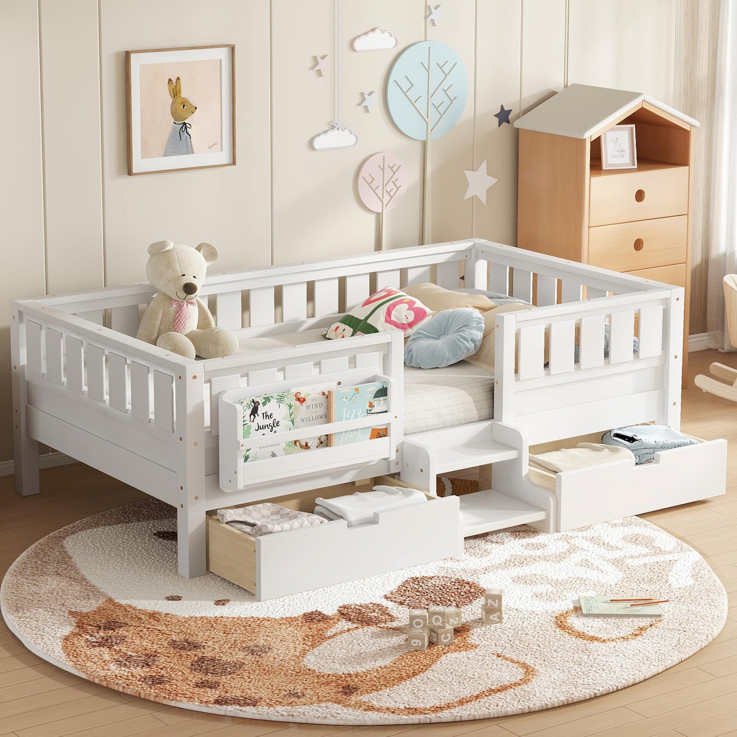 Bellemave Twin Bed with Slats and Stairs, Twin Size Platform Bed Frame with Fence, Bookshelf and Storage Drawers, Easy Assemble Beds for Kids, Girls, Boys, White