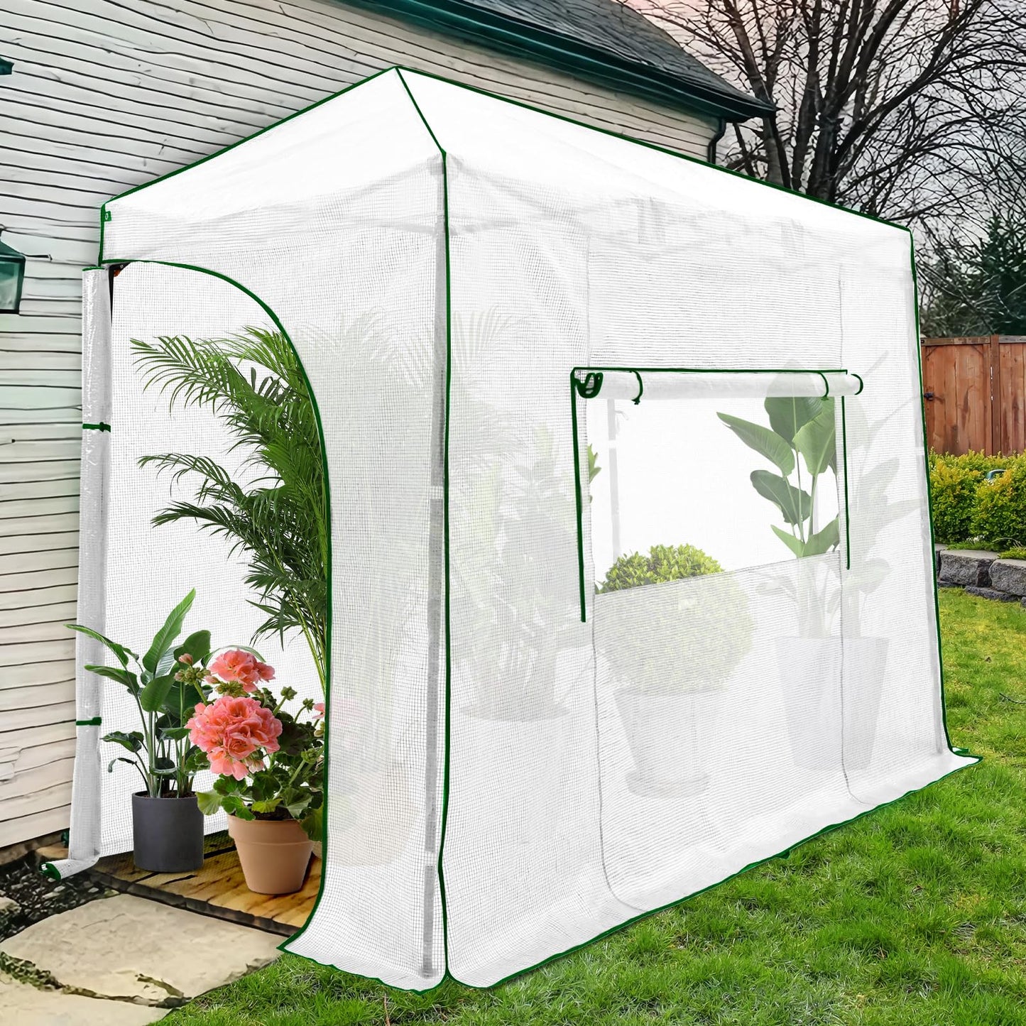EAGLE PEAK 10x5 Portable Walk in Greenhouse, Pop Up Indoor Outdoor Greenhouse, Green House Kit with Zippered Roll-Up Doors and Windows, Lean-to Design, PE Cover, Clear/White