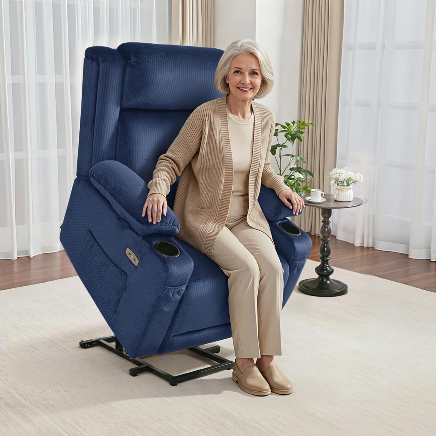 MCombo Triple Motor Power Lift Recliner with Massage and Heat, Electric Recliner Chair for Elderly People, Adjustable Headrest, Infinite Position, Cup Holders,USB Ports, Fabric 7661(Navy Blue, Medium)