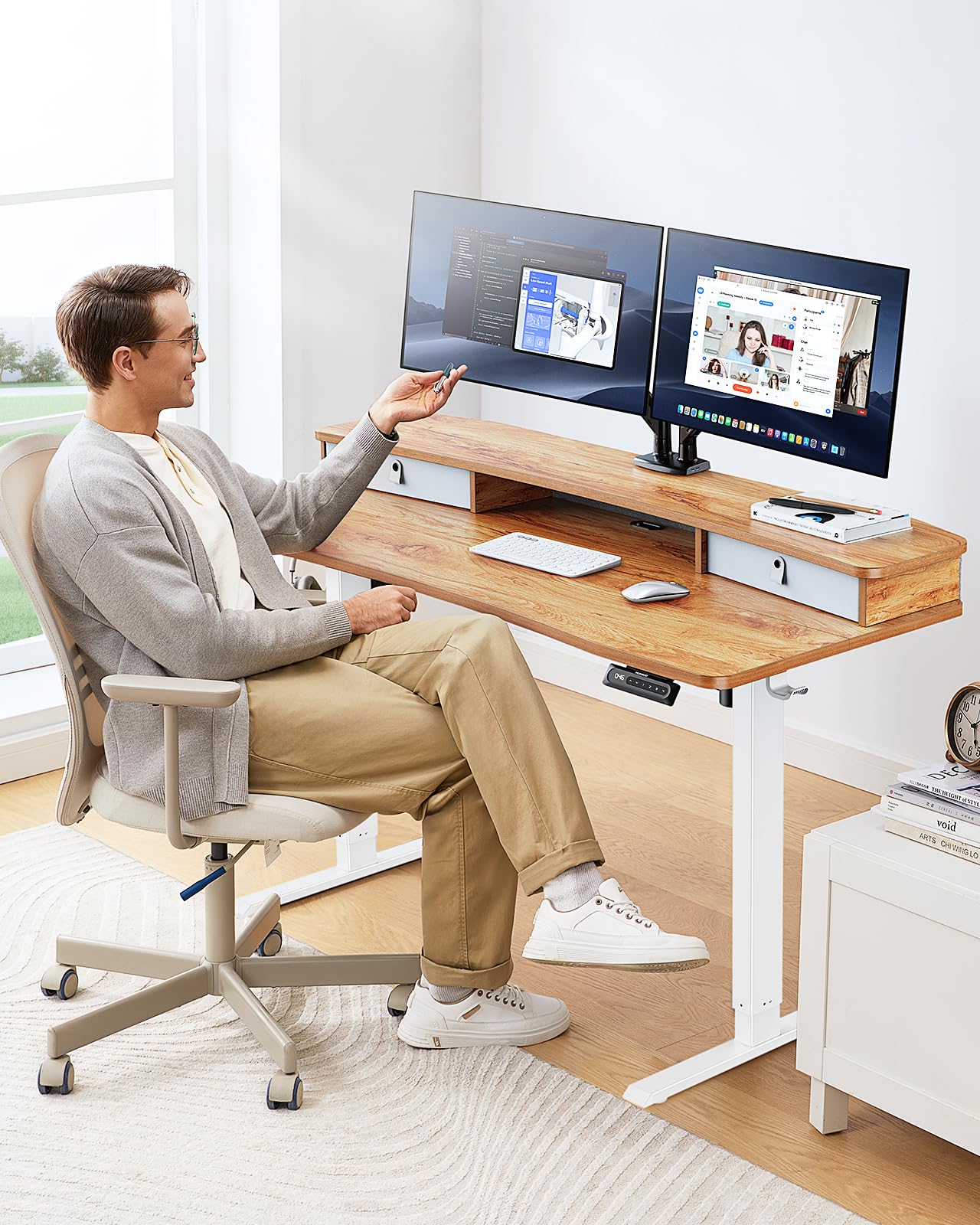 HUANUO 48″ x 24″ Electric Standing Desk with 2 Drawers, C-Clamp Mount Compatible, Height Adjustable Computer Desk, Home Office Stand Up Desk with 4 Preset Heights & 2 Hooks, Light Vintage