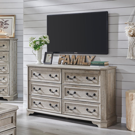 T4TREAM Farmhouse 6 Drawers Dresser for Bedroom, 54" Wide Wood Rustic Chest of Drawers with Natural Texture, Vintage Design, Storage Dressers Organizer for Bedroom, Living Room Light Rustic Oak