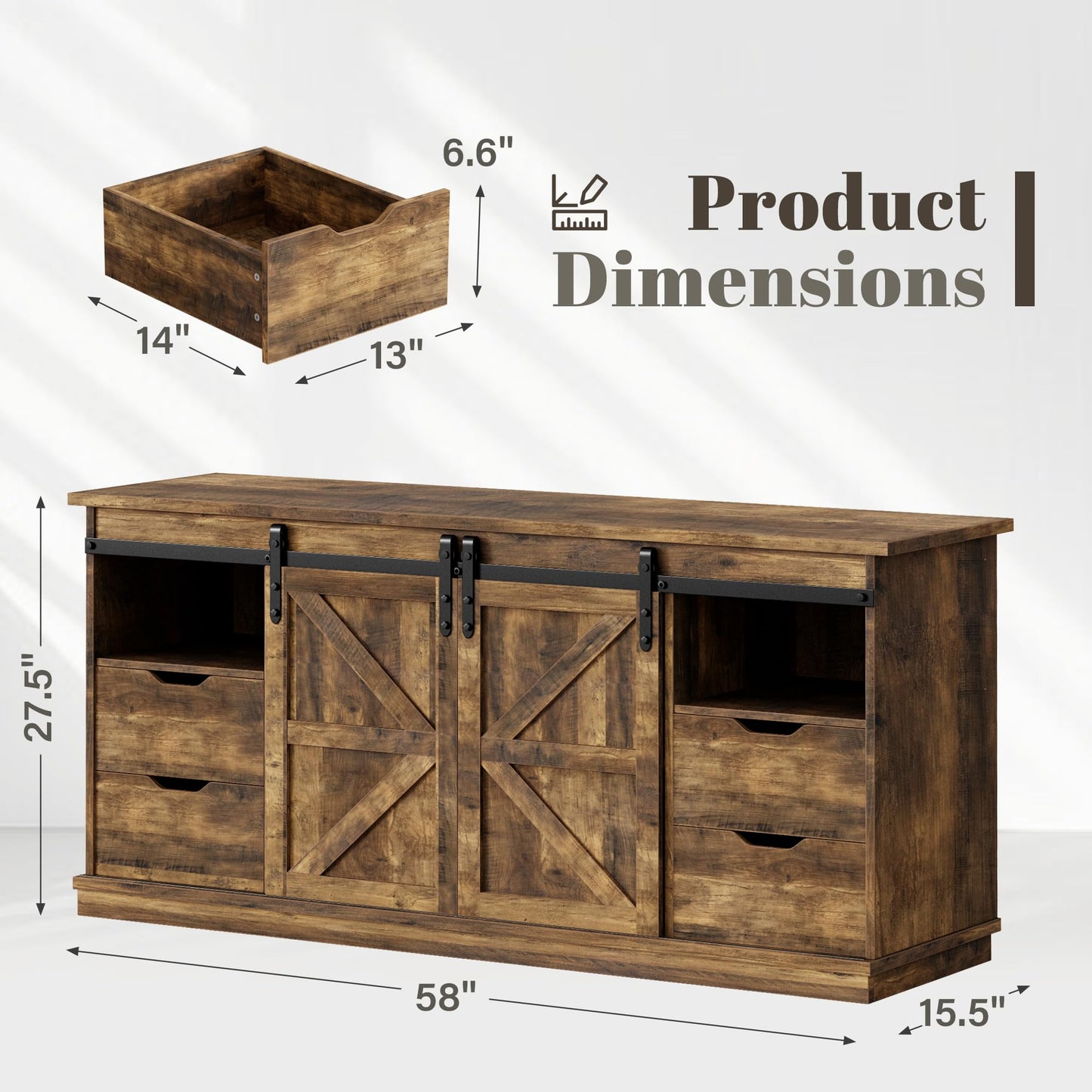 YESHOMY Farmhouse TV Stand for Televisions up to 65 Inch, Wood Entertainment Center with Sliding Barn Doors and 4 Storage Drawers, 58’’ Media Console Cabinet with Shelves for Living Room, Barnwood