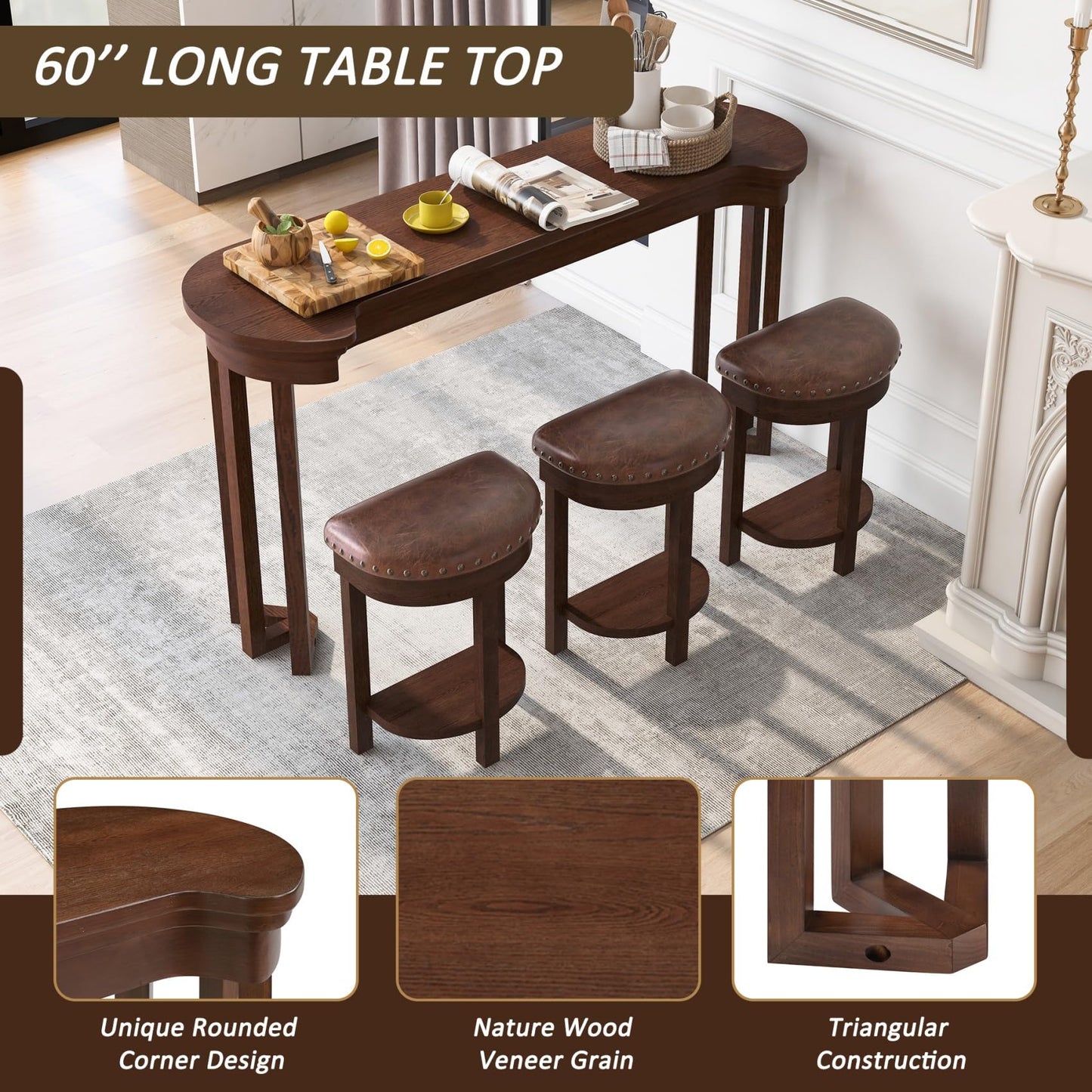 KEIKI 60" Solid Pine Wood Bar Table Set with 3 PU Stools Chairs, Long Bar High Top Dining Table & Upholstered Stools, Behind Couch Sofa Counter Height Pub Table for Breakfast, Kitchen Living Room