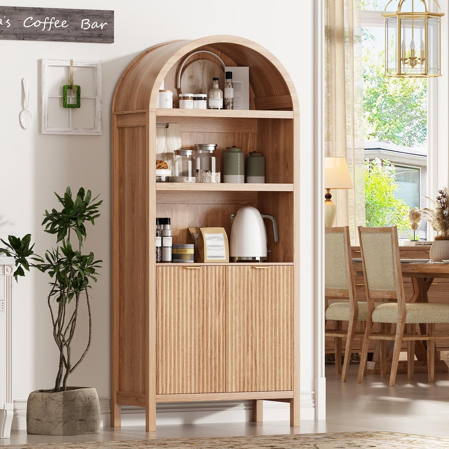 Ieejdn 71" Tall Arched Kitchen Pantry,Modern Fluted Wood Storage Cabinet with Doors,Adjustable Shelves,Organizer, Versatile Cupboard for Kitchen,Living Room,Dining Room,Bathroom,Wood