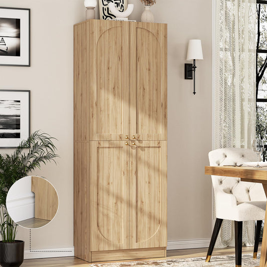 Cyclysio 80" Storage Cabinet, Tall Arched Bookcase with 4 Soft Close Doors, 6-Tier Wooden Pantry with Adjustable Shelves, Seamless Fit Wall for Home Office, Living Room, Kitchen (Natural)