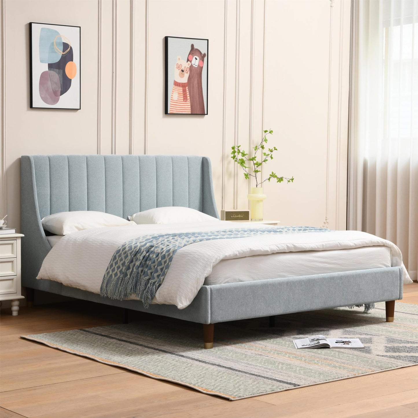 YUHUASHI Queen Size Bed Frame with Linen Fabric Twin Wingback Headboard, Upholstered Platform Bed with Wooden Slat Support, Noiseless, No Box Spring Required (Light Blue, Full)