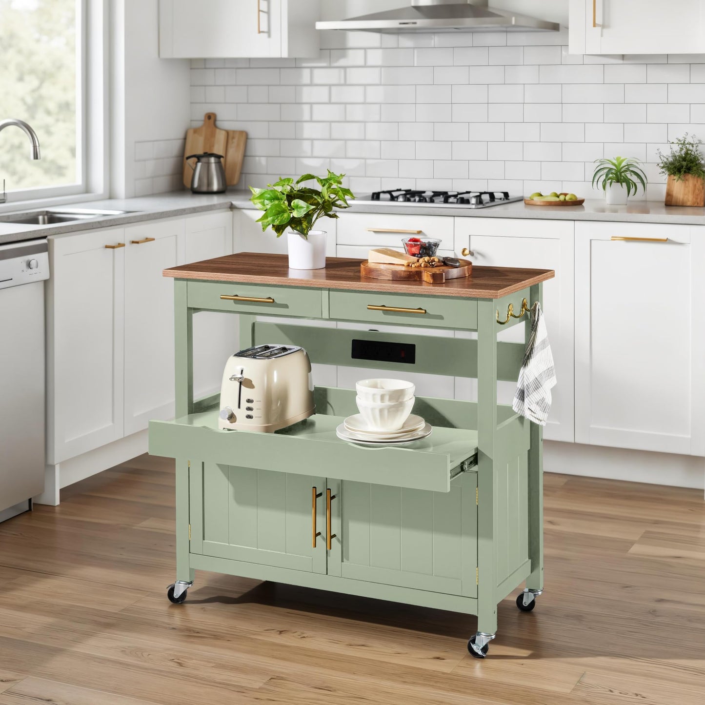 Best Choice Products 36in Large Rolling Kitchen Island Cart, 2-Door Cabinet, 2 Drawers, Pull-Out Shelf, Power Outlet, Hooks, & Swivel Lockable Wheels - Pistachio Green
