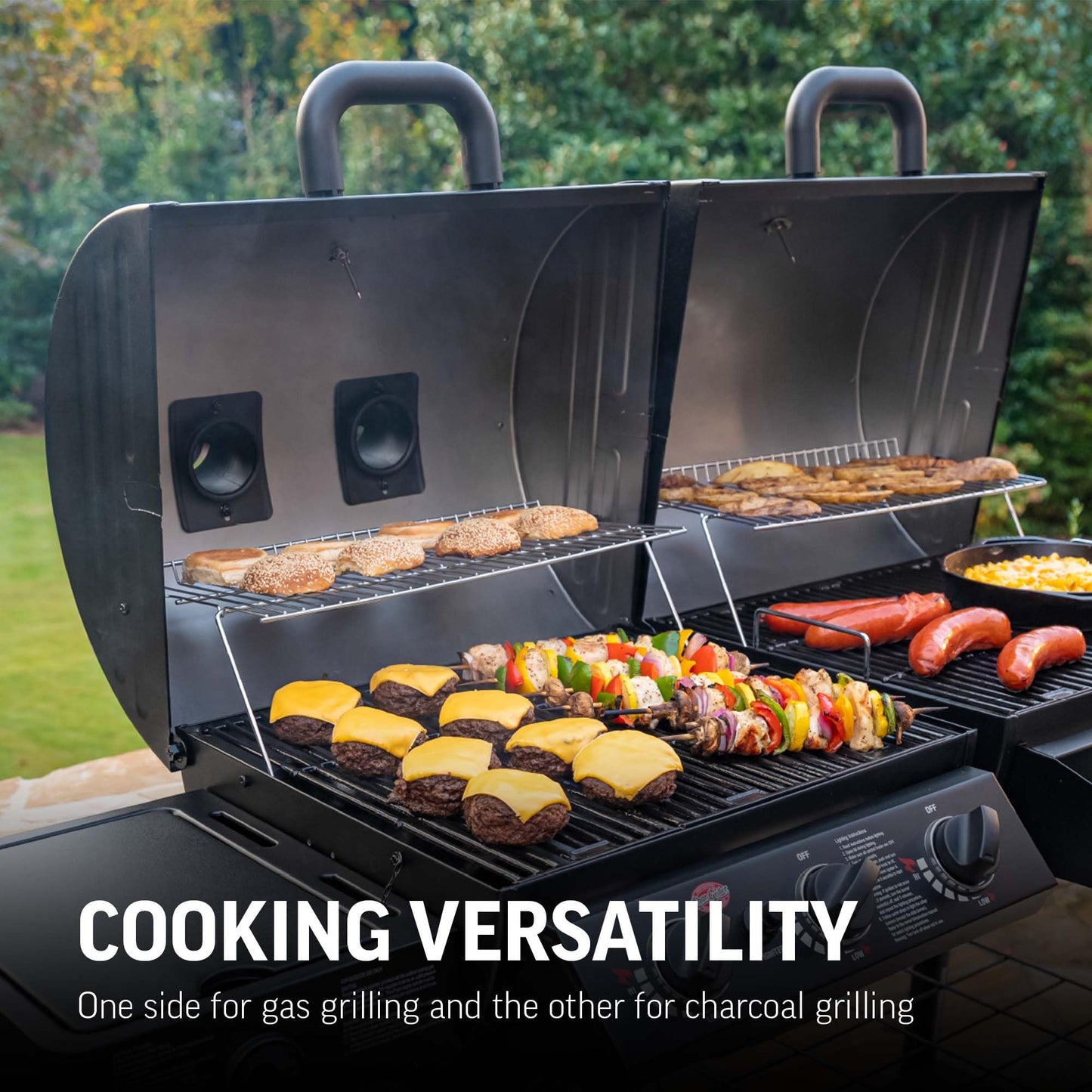 Char-Griller® Dual-Function 2-Burner 24,000 BTU Propane Gas and Charcoal Combination Grill and Smoker with 870 Cooking Square Inches in Black, Model E5030