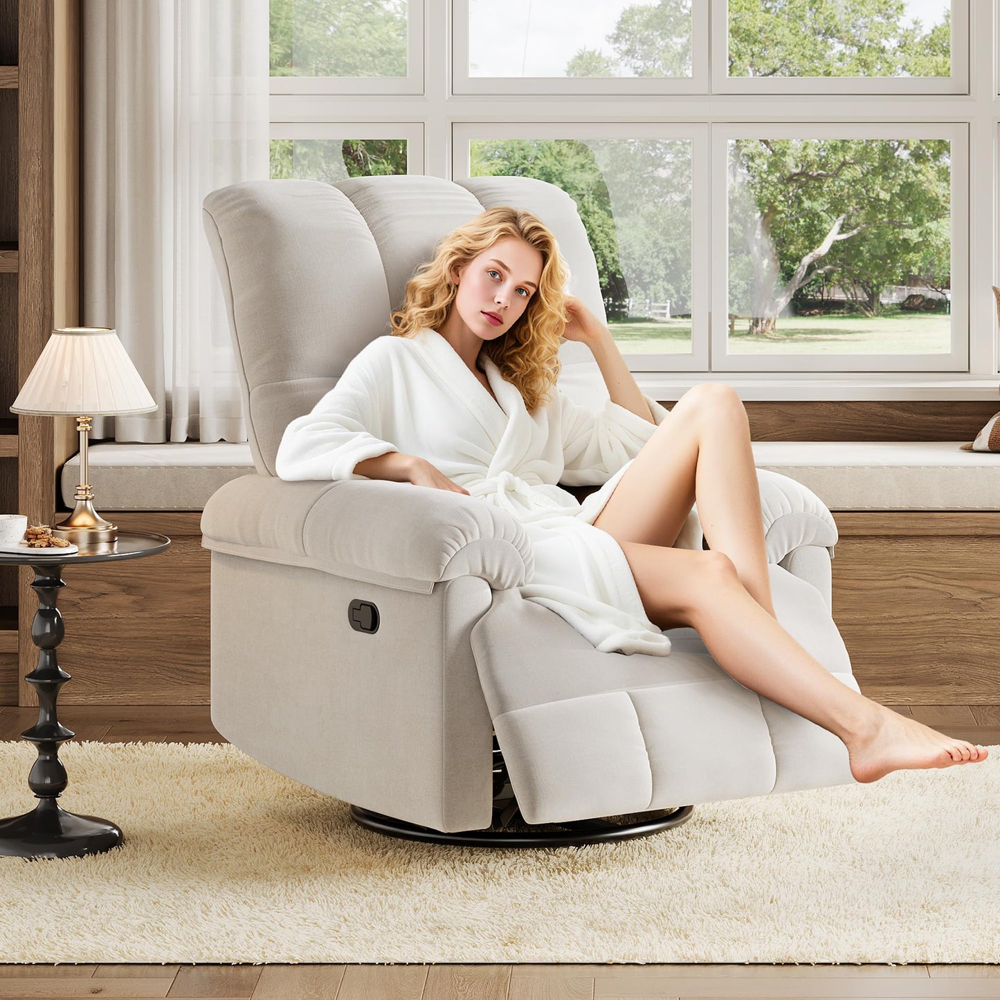 IDEALHOUSE Swivel Rocking Nursery Recliner Chair Rocker Recliner Glider Deep Seat PU Leather Sofa Chair with high Backrest for Nursery, Living Room, Bedroom & Home Movie Theater (Beige)
