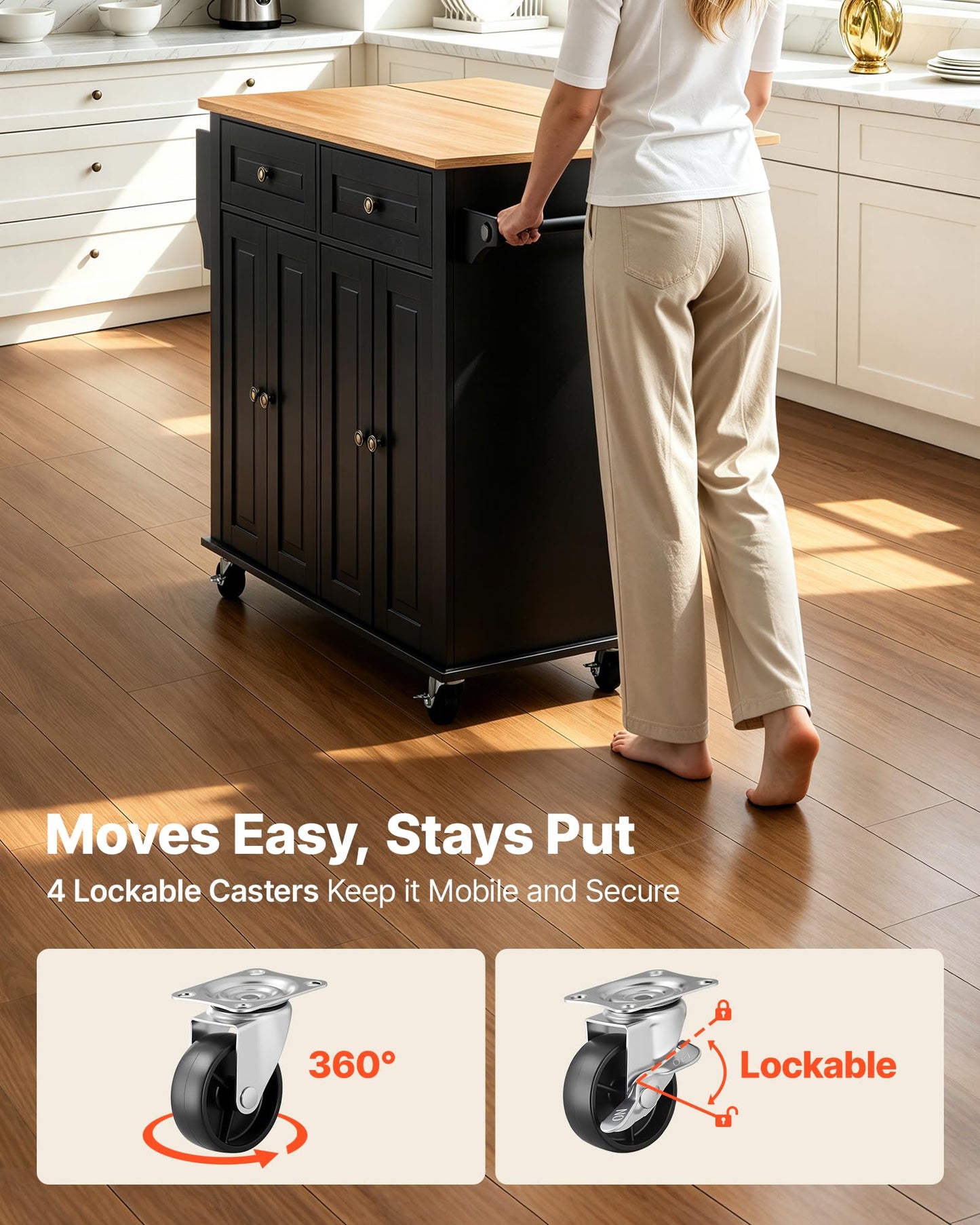 VEVOR Kitchen Island Cart with Storage, 43.58 in Wide Mobile Rolling Storage Island on Swivel Wheels, with 2 Drawers, Storage Cabinet, Drop Leaf, Spice/Towel Rack, Table for Home Dining Room, Black