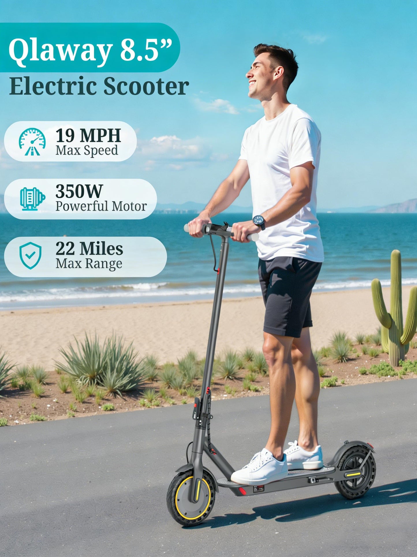 Qlaway Adult Electric Scooter with 350W Motor, 8.5" Solid Tires, Max Speed 19 MPH and 22 Miles Long-Range Portable Portable E-Scooter(Double Braking System & App)
