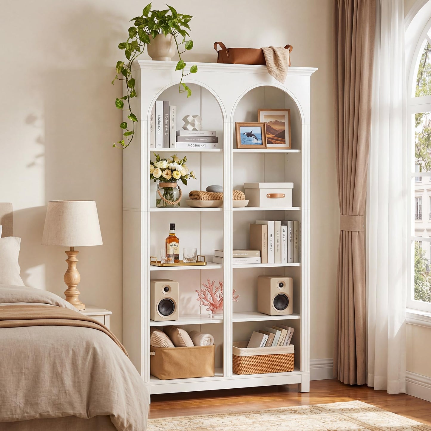 LITTLE TREE White Bookshelf, 5-Tier Tall Bookshelf, Open Storage Wide Display Book Shelf for Bedroom Living Room Office, Farmhouse Modern Elegant Arched Bookshelf