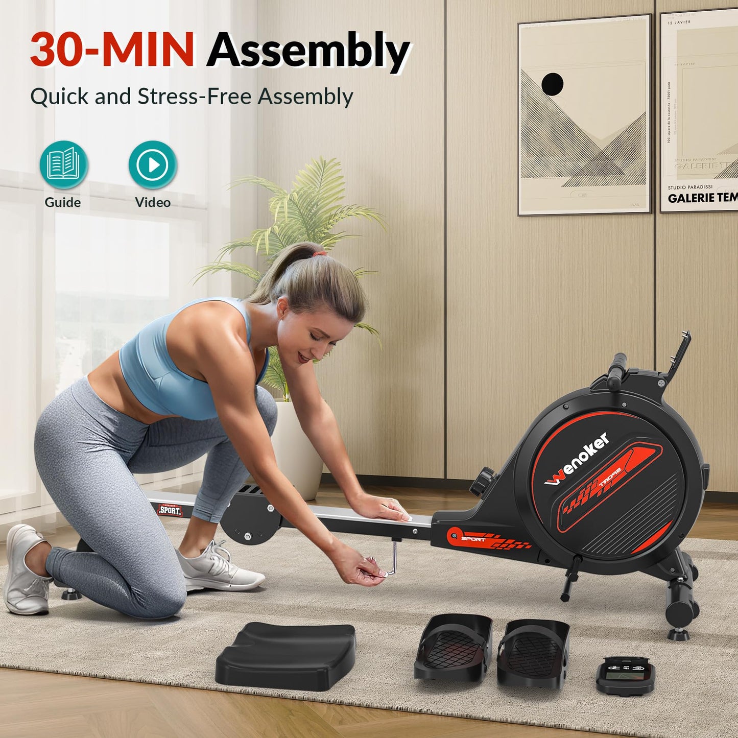 Wenoker Rowing Machine for Home, Magnetic Rower Machine, 350 LB Weight Capacity, 16-Level Silent Resistance Row Machine for Gym Exercise Full-Body Workout Compact Rower with LCD Monitor Tablet Holder