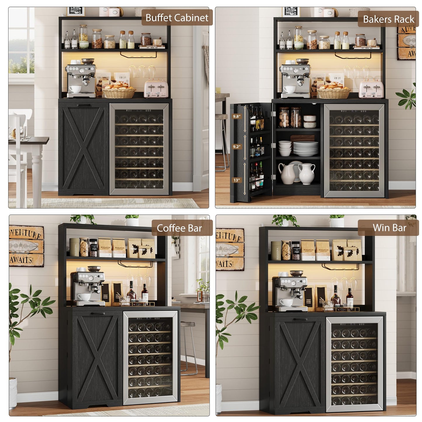 Jocoevol Coffee Bar Cabinet with Fridge Space, Mini Fridge Cabinet with Power Outlets and Glass Holder, Farmhouse Design Mini Fridge Stand with Storage for Living Room, Kitchen, Entryway, Black