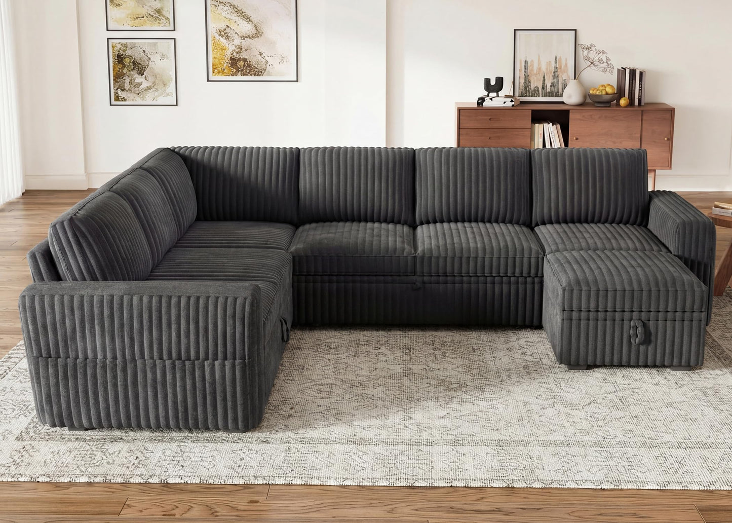 HONBAY Modular Sectional Sleeper Sofa with Pull Out Bed,Corduroy U Shaped Couch with Storage, Sectional Couches for Living Room,Dark Grey