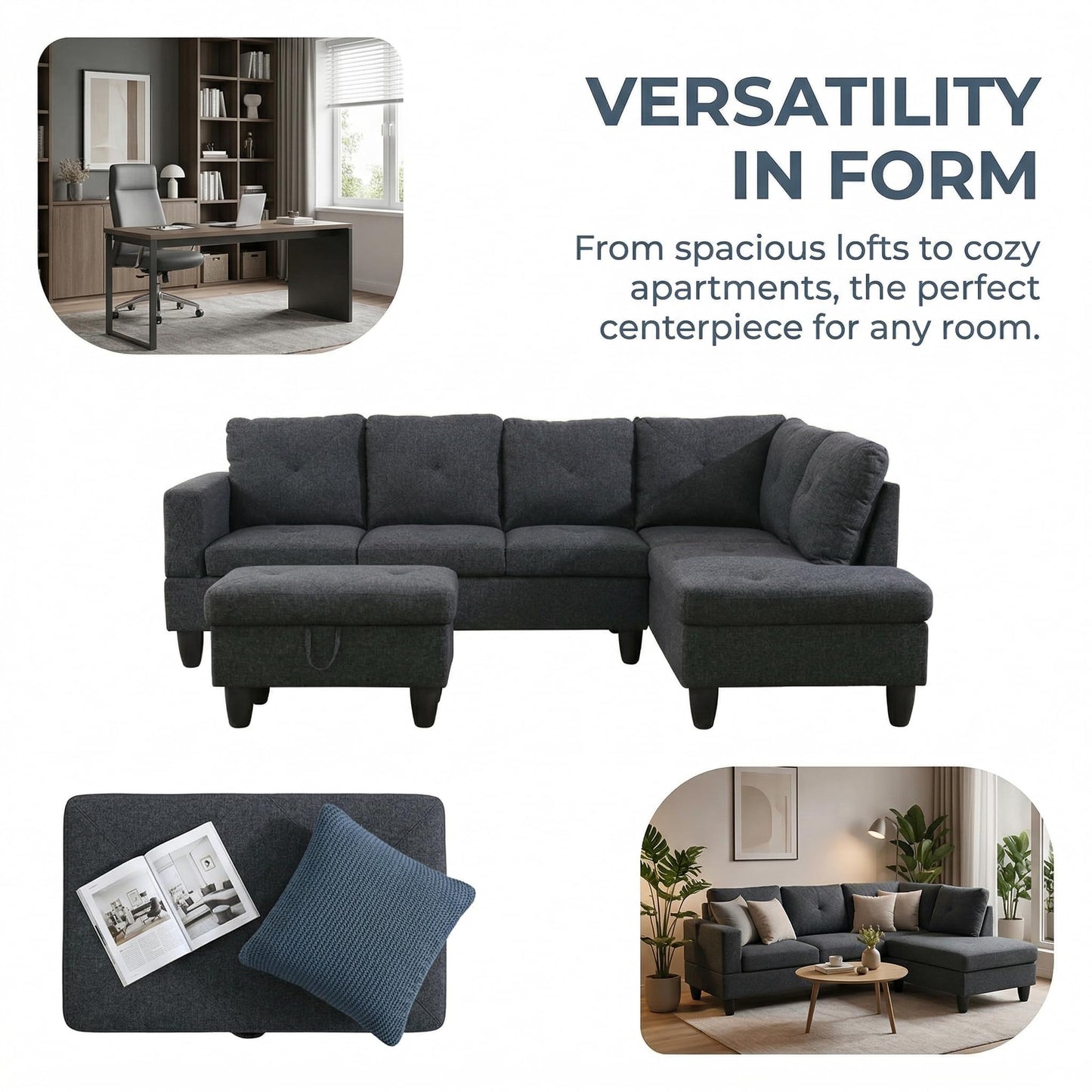 NicBex Sectional Couch 3 Pieces Sofa Set, L-Shaped Modular Couches for Living Room, Furniture Sets with Lounge Chaise & Storage Ottoman, Multi-Scene Use for Apartment & Office, Black Grey