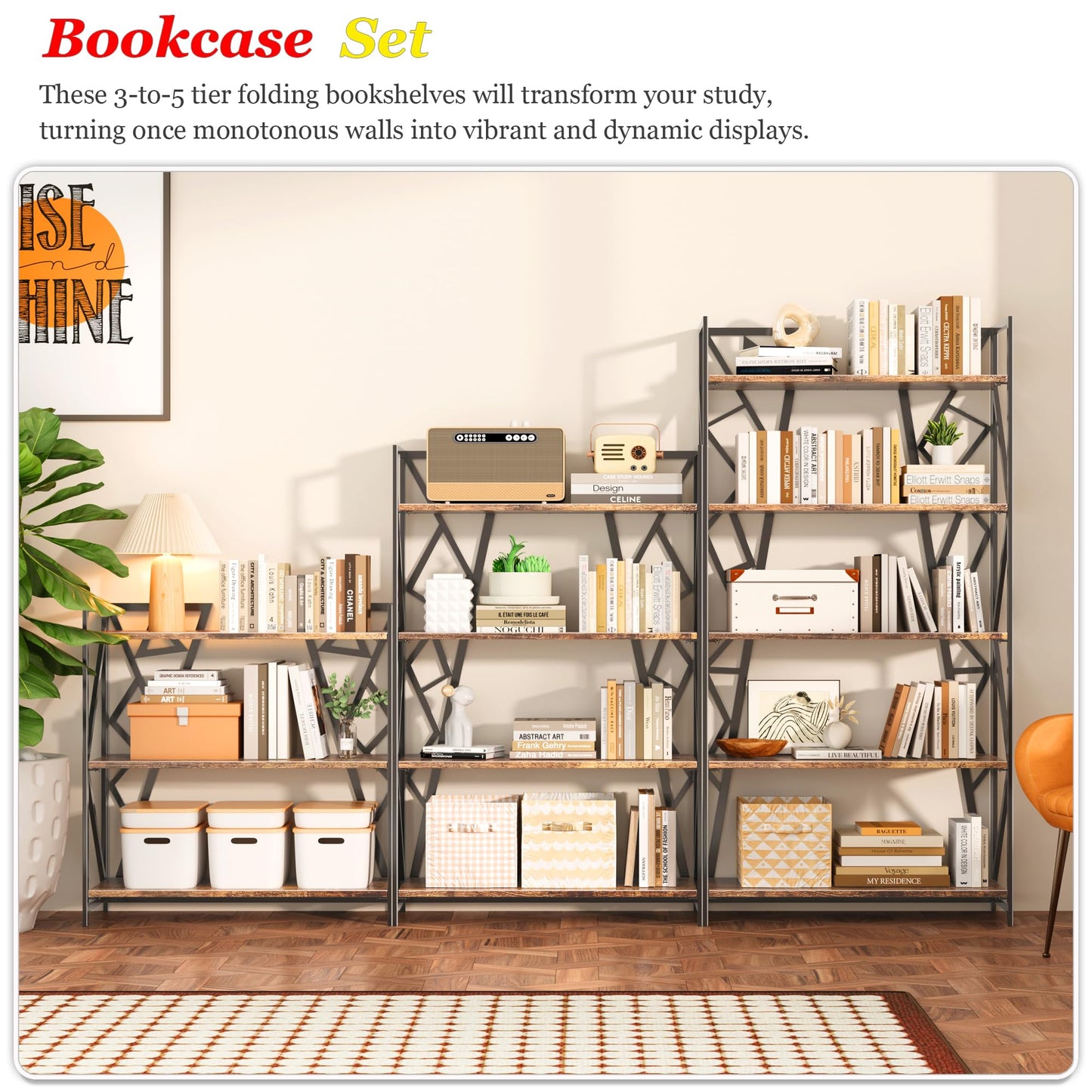 UDD No Assembly Wide Folding Bookshelf, 64.3" H x 30.9" W, 5 Tier Foldable Book Shelf Industrial Bookcase, Vintage Collapsible Storage Shelves for Home Office Living Room Bedroom, Rustic Brown Black