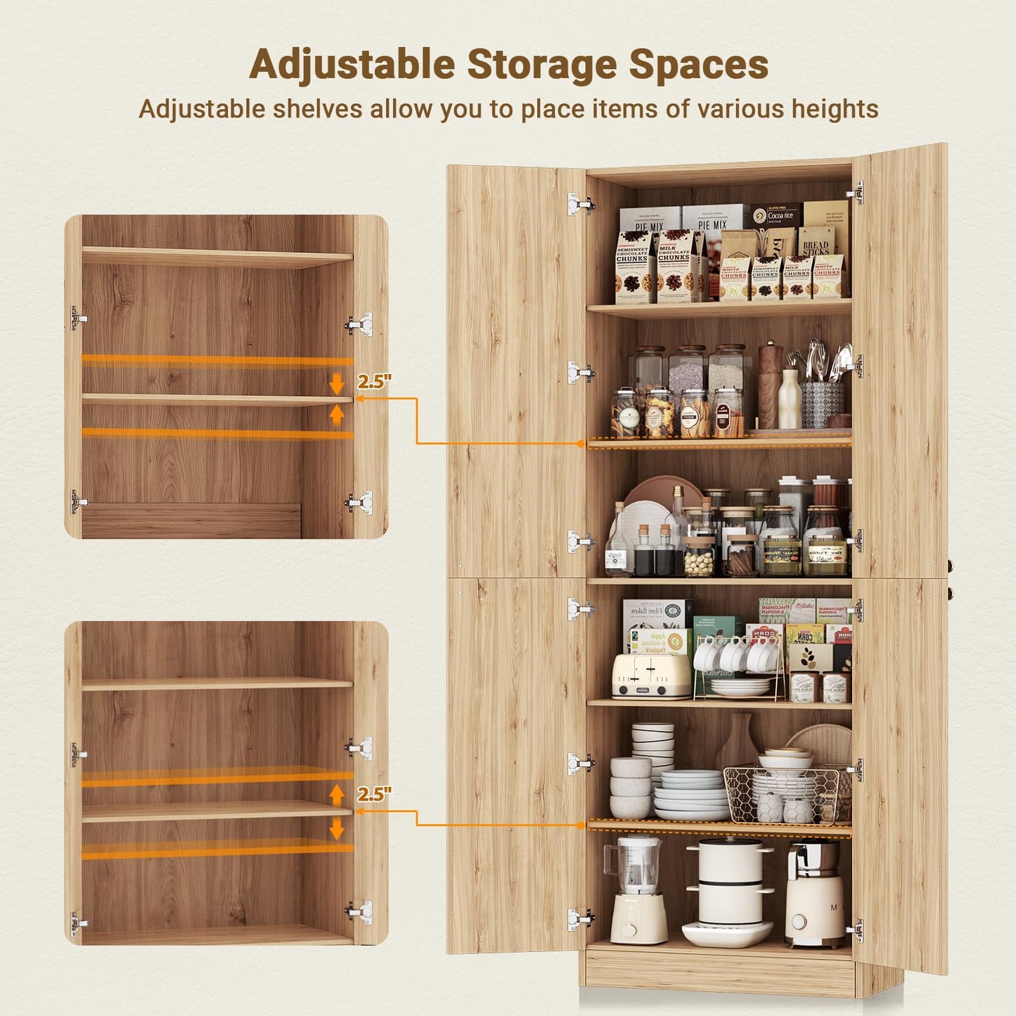 Cyclysio 80" Storage Cabinet, Tall Arched Bookcase with 4 Soft Close Doors, 6-Tier Wooden Pantry with Adjustable Shelves, Seamless Fit Wall for Home Office, Living Room, Kitchen (Natural)