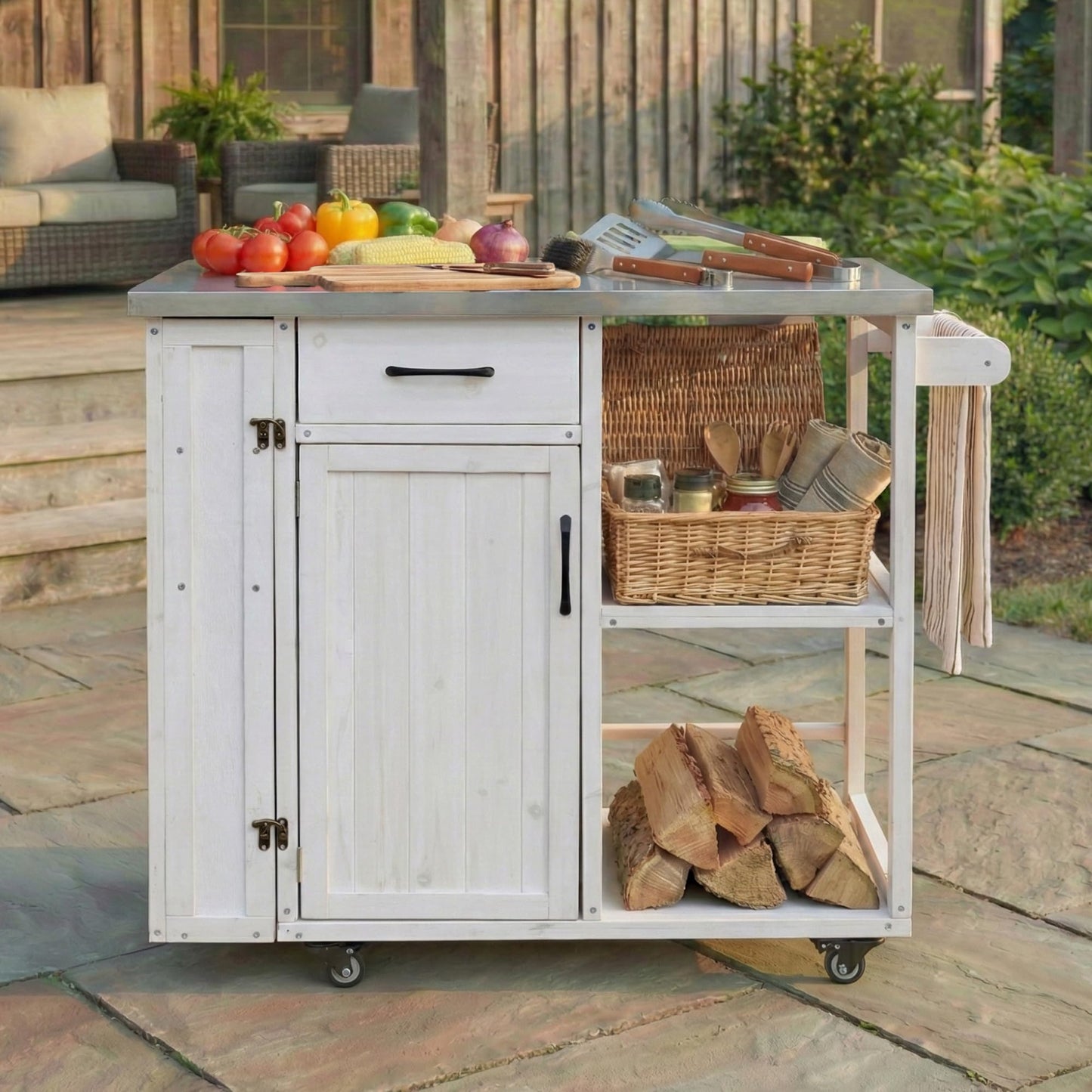 Outdoor Kitchen Island Cart with Stainless Steel Top, Rolling Grill Table with Storage Cabinet Drawer Shelves and Towel Rack, Wooden BBQ Prep Station with Lockable Wheels for Patio Backyard, White