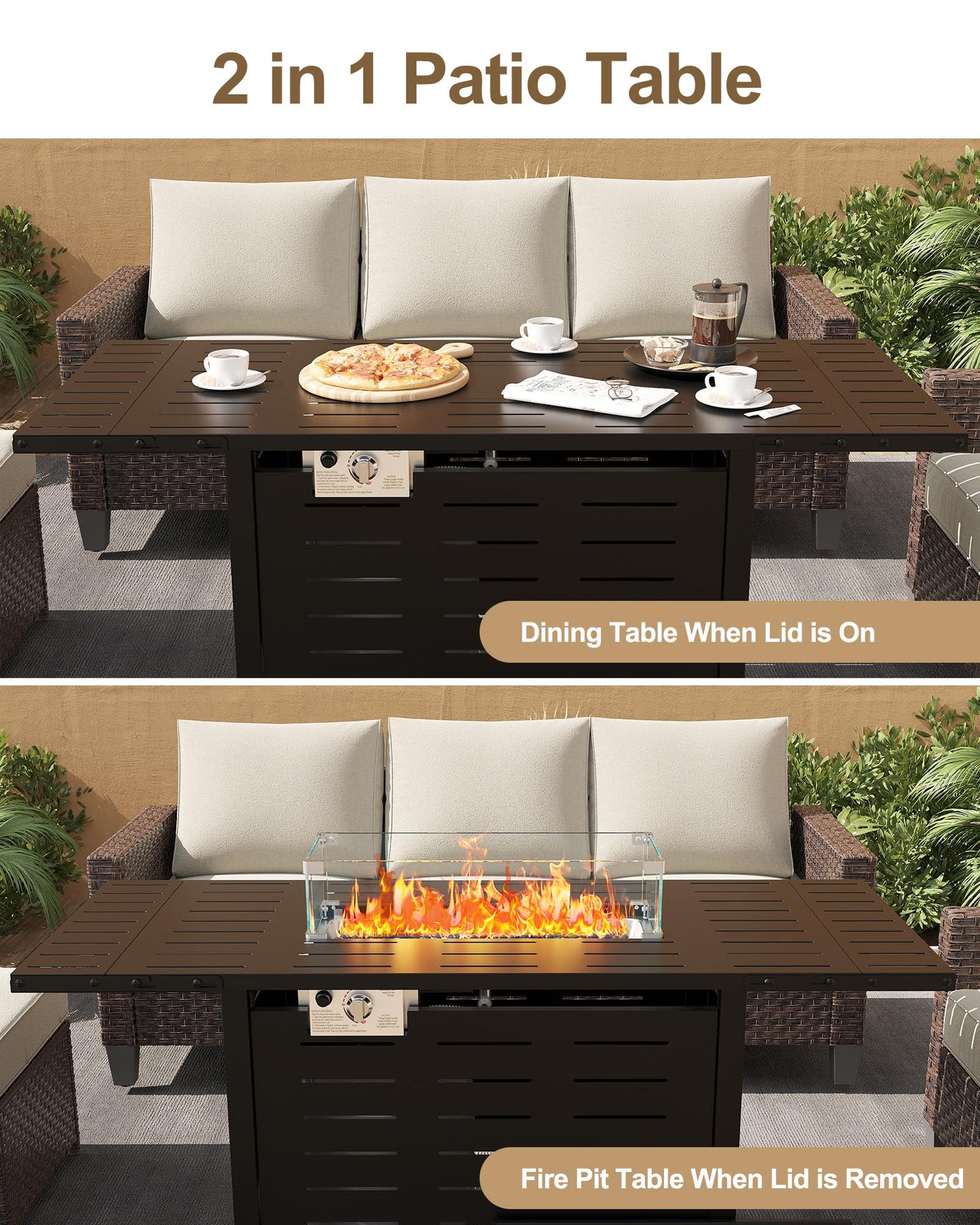 Hipicute 55" Outdoor Propane Fire Pit Table, 48,000 Btu Lp Gas Rectangular Fire Table with Ignition Systems and Lid,Outdoor Firetable with Glass Rocks for Patio Deck Garden Backyard