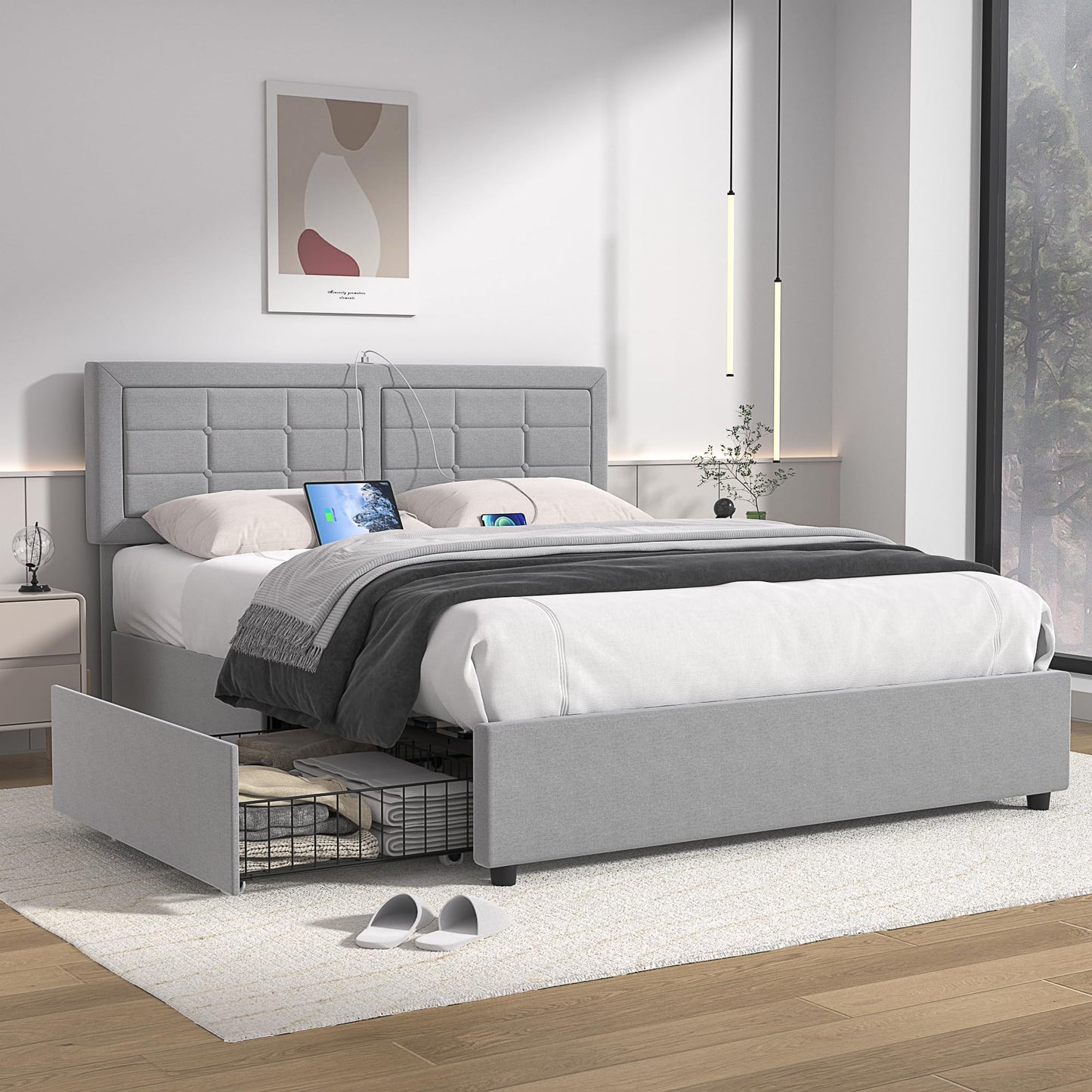 VECELO Queen Size Bed Frame with 4 Storage Drawers & Adjustable Headboard, Built-in Charging Station, Upholstered Bedframe with Wood Slats Support, Light Grey