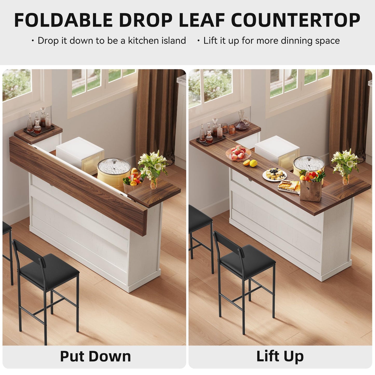 Homiflex Kitchen Island with Storage, Rolling Kitchen Islands with Storage, 55" W Large Island Table, Breakfast Bar Counter with Drop Leaf, Trash Can Cabinet, Power Outlet for Dining Room, Walnut