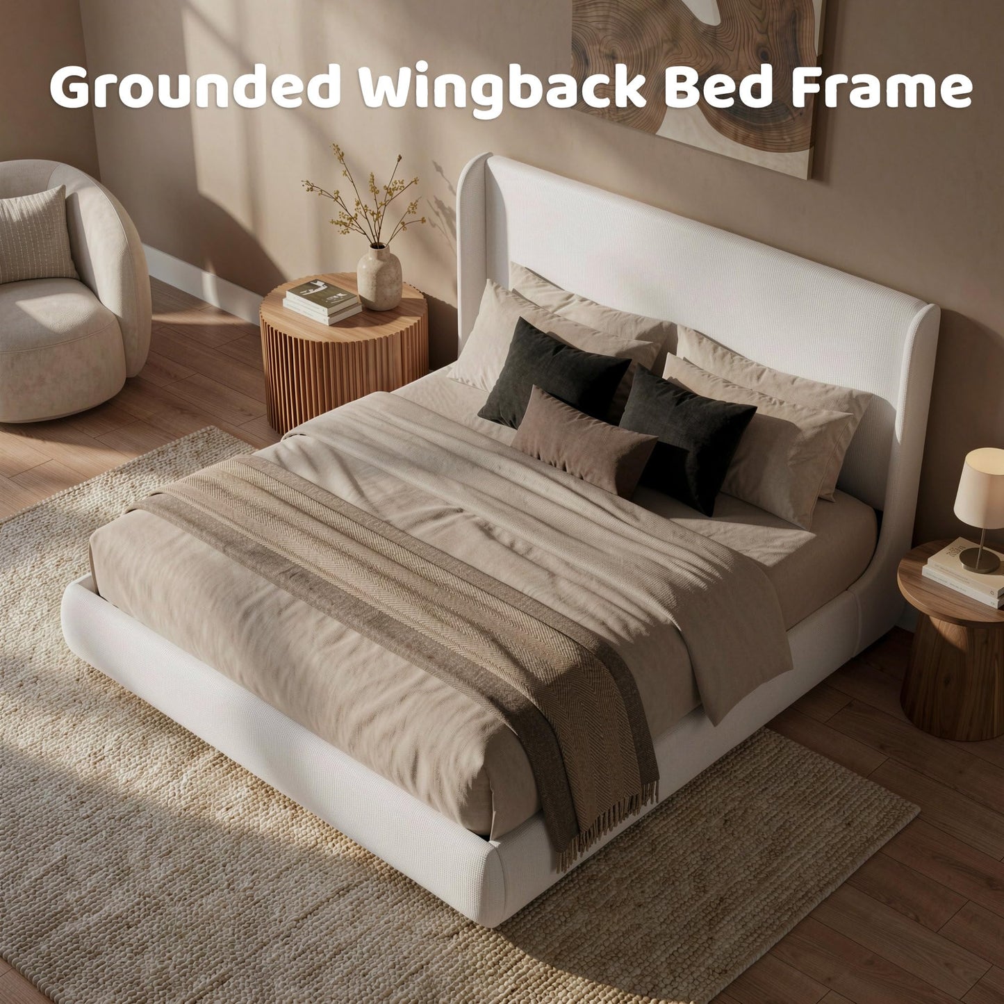 RECCI King Upholstered Wingback Bed Frame, 52” Tall Cushioned Headboard, Soft Edges, Low Profile Platform Bed, Sturdy Wood Slats, No Box Spring Needed, Ivory White Canvas