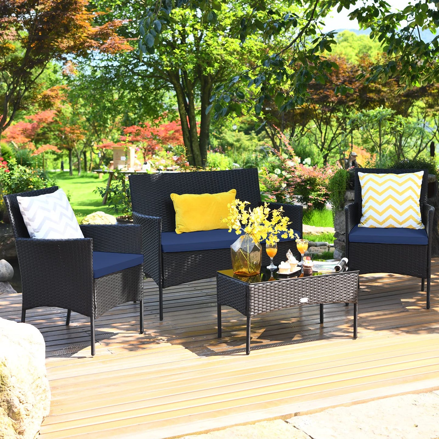 Tangkula 4 Pieces Patio Furniture Set, Outdoor Wicker Conversation Set with Tempered Glass Tabletop, Rattan Sofa and Chairs Set with Off White & Navy Cushion Covers