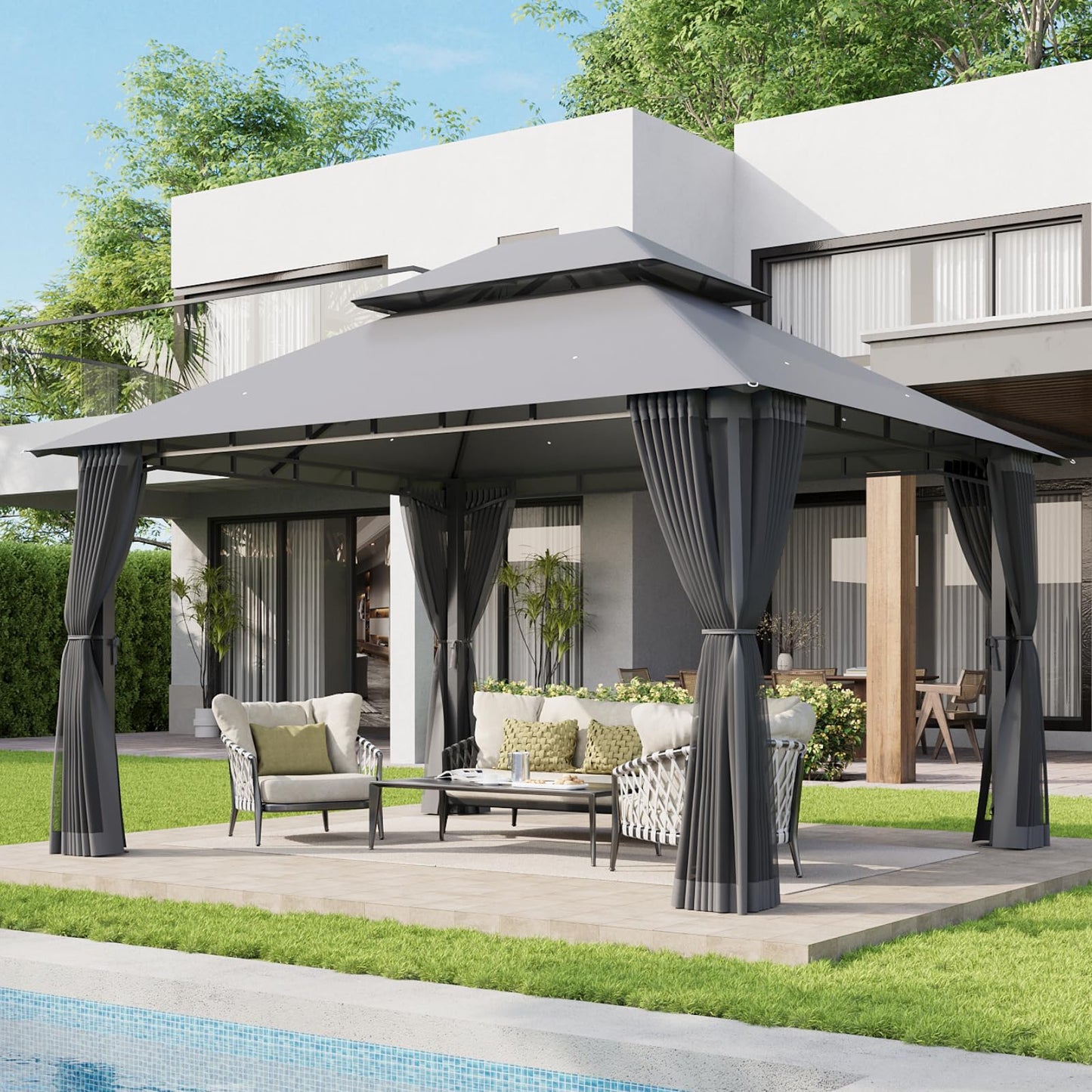 Aoxun 12x10 Gazebo with Double Roof & Mosquito Netting Outdoor Heavy-Duty Party Tent, Patio Tent with Zipper Screens - Backyard Garden Lawn Shelter Includes Wind Ropes Expansion Bolts, Gray