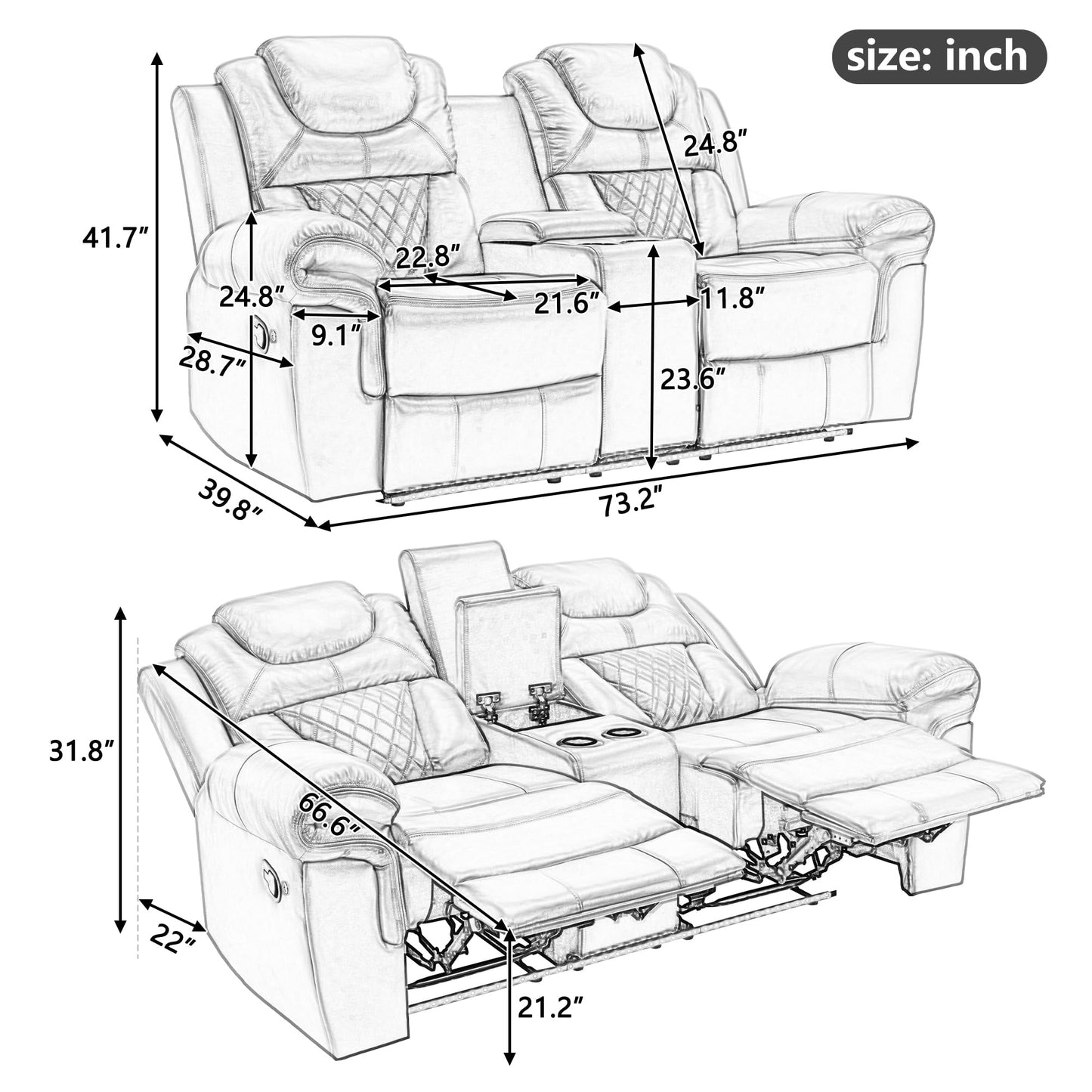 Ball & Cast 73" Home Theater Seating Manual Recliner Loveseat with LED Light Strip,Luxury Leather Couch W/Cup Holder & Hiden Storage,Lazy Adjustable Chair for LivingRoom Movie Night Enjoyment,WindRed