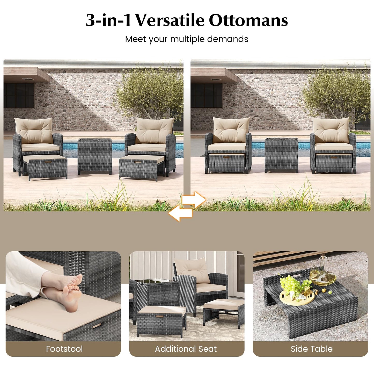 Tangkula 5 Pieces Patio Conversation Set, PE Wicker Rattan Outdoor Furniture Set with 2 Chairs, 2 Ottomans & Tempered Glass Coffee Table, Ideal for Poolside, Backyard, Lawn, Deck, Mix Grey & Beige