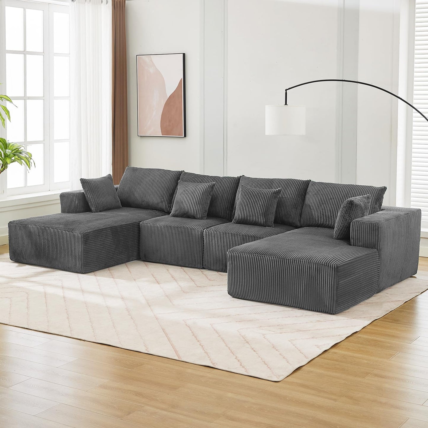 137" Modular Sectional Sofa, U-Shape Cloud Couch with Chaise, Deep Seat, Armrests and Plush Corduroy Fabric, No Assembly Required, Boneless Compression Sectional Couch for Living Room, Grey