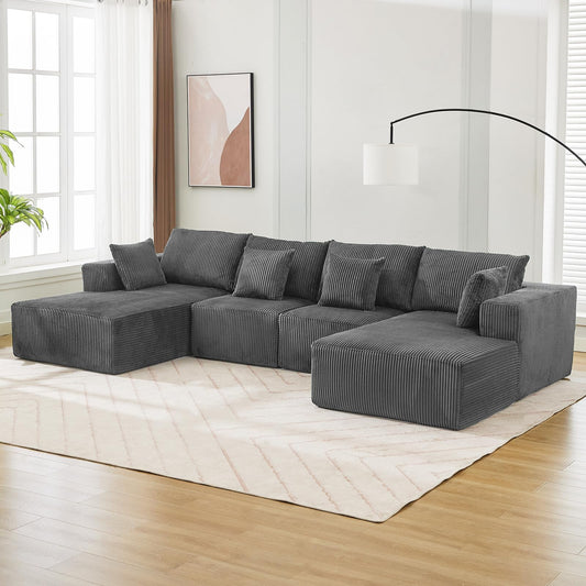 137" Modular Sectional Sofa, U-Shape Cloud Couch with Chaise, Deep Seat, Armrests and Plush Corduroy Fabric, No Assembly Required, Boneless Compression Sectional Couch for Living Room, Grey