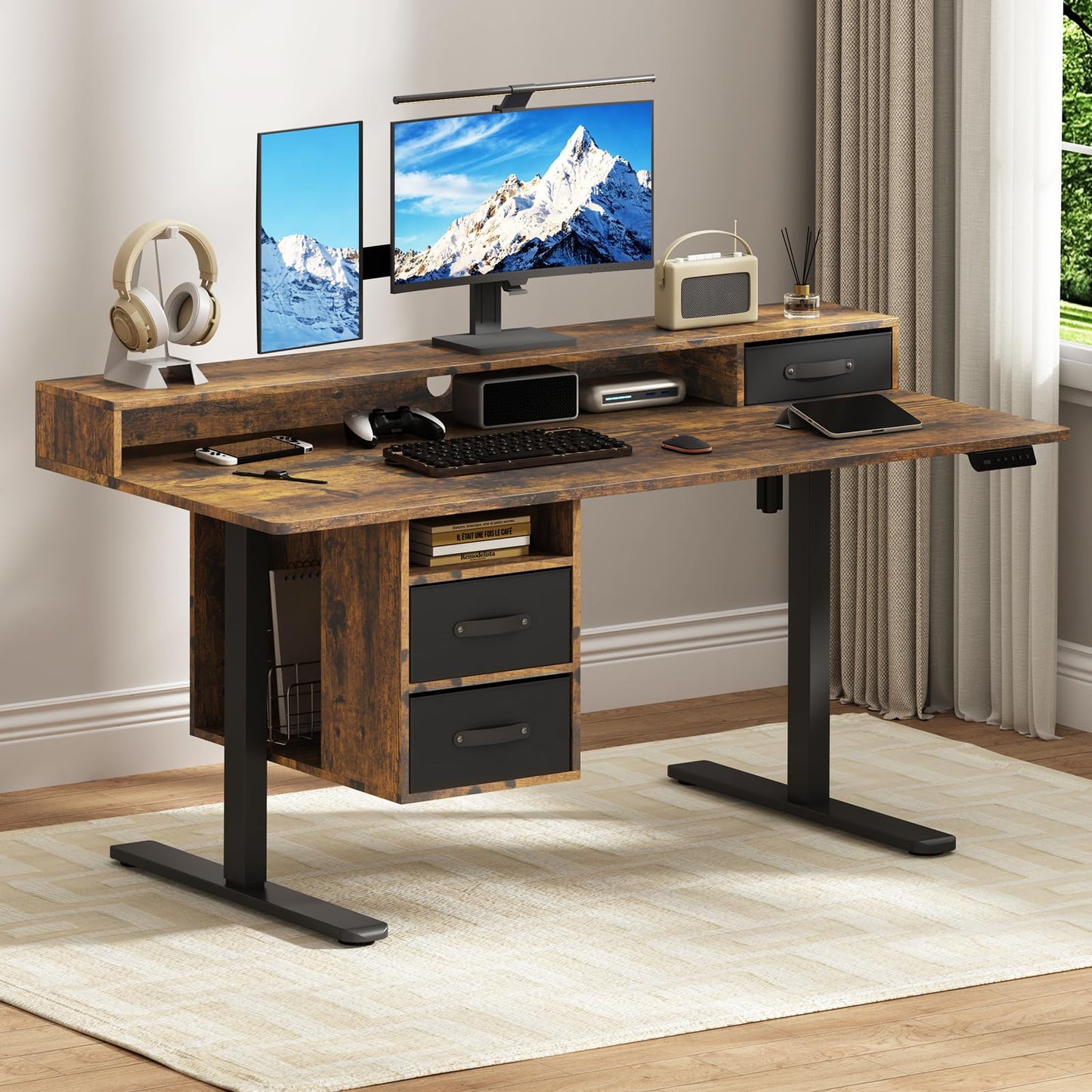 63x24 Inches Standing Desk with Drawers, Electric Computer Desk with Open Storage Shelf, Stand Up Desk, Adjustable Height 28-46 Inches for Home and Computer Workstation, Rustic Brown