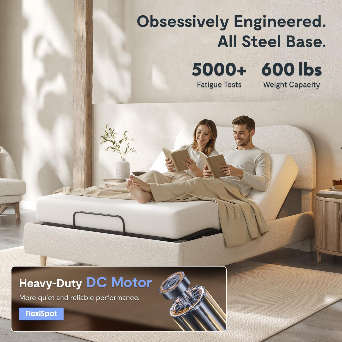 FLEXISPOT Queen Adjustable Bed, Complete with Boucle Upholstered Bed Frame, Quiet Powerful DC Motor, Easy Assembly – Ideal for Relaxation, Reading, and Pressure Relief