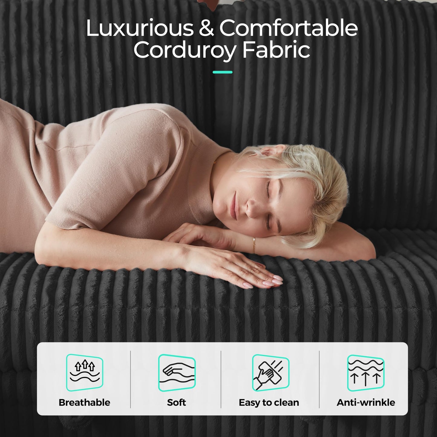 LINSY HOME Sectional Sleeper Sofa with Pull Out Couch Bed - Convertible Plush Corduroy Cloud Couch with Storage Chaise & USB Charging, Comfy L Shaped Modular Couches for Living Room Apartment, Black